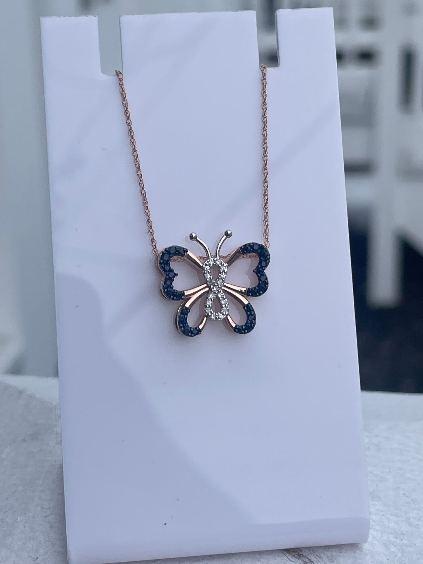 10k Rose Gold Natural Sapphire & Diamond Butterfly Necklace 18”