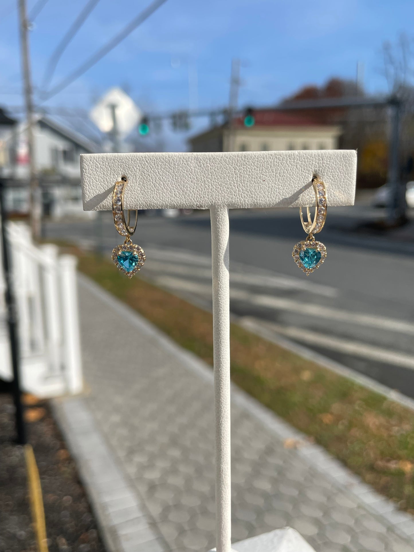 14k Gold Simulated Diamond & Blue Topaz Heart Dangle Huggie Hoop Earrings