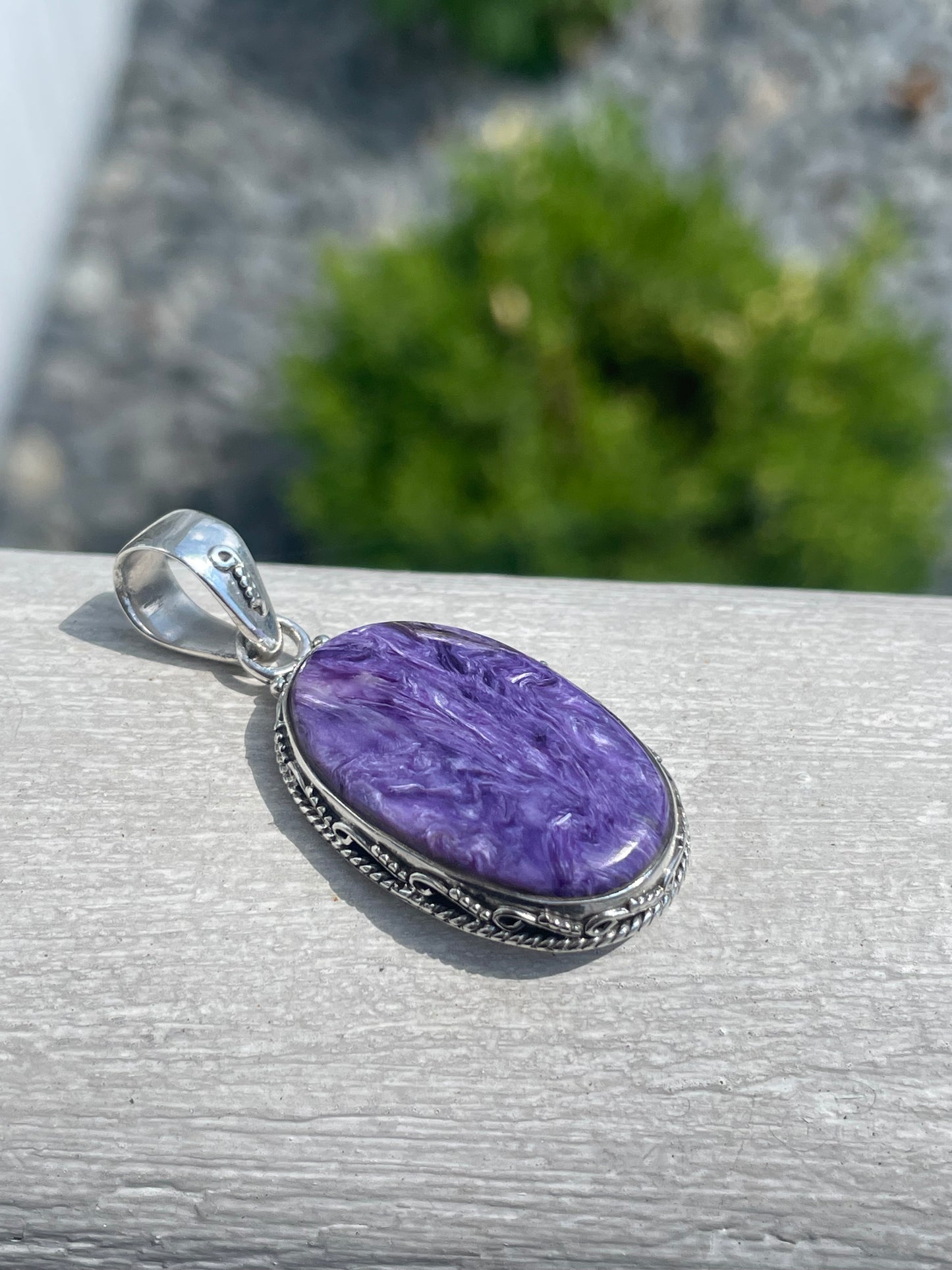 925 Sterling Silver Charoite Large Purple Stone Pendant