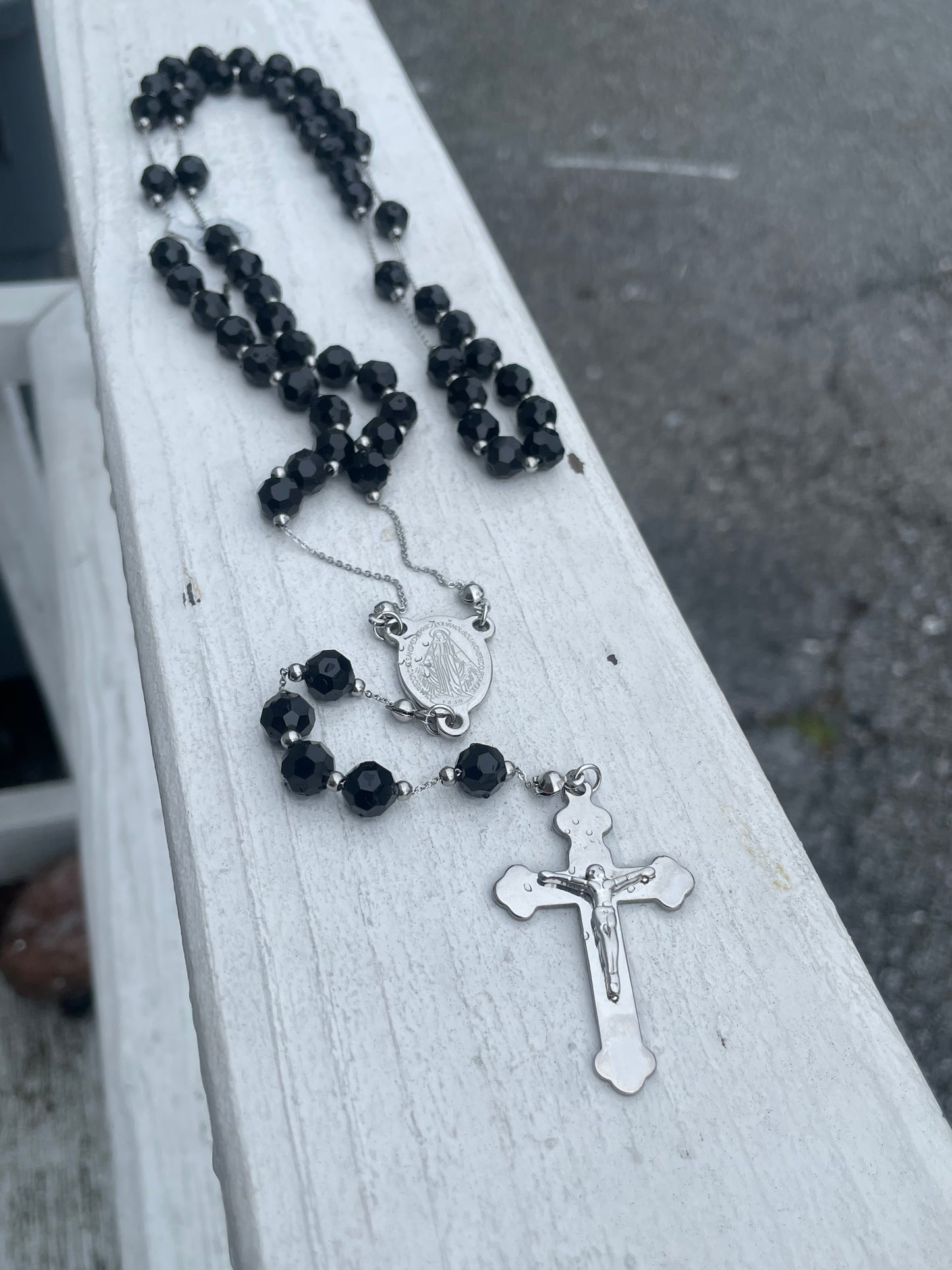 Stainless Steel Black Crystal Beaded 30” Rosary Necklace