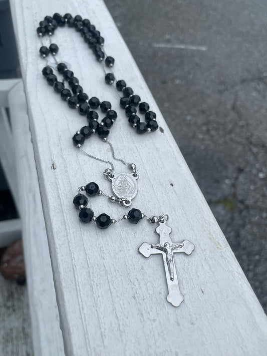 Stainless Steel Black Crystal Beaded 30” Rosary Necklace