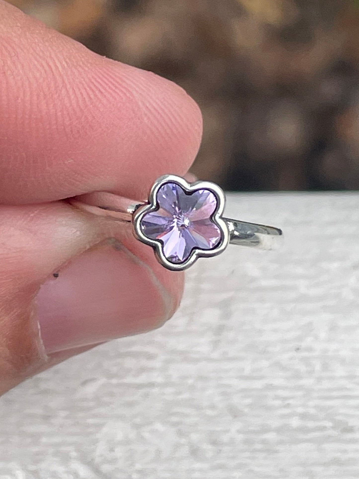 925 Designer KH Sterling Silver Girls Crystal Lavender Color Flower Ring ~ Open Size