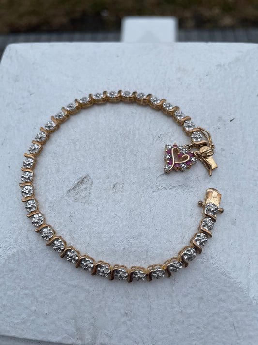 925 Sterling Silver Diamond Tennis Bracelet w/ dangle Ruby heart charm