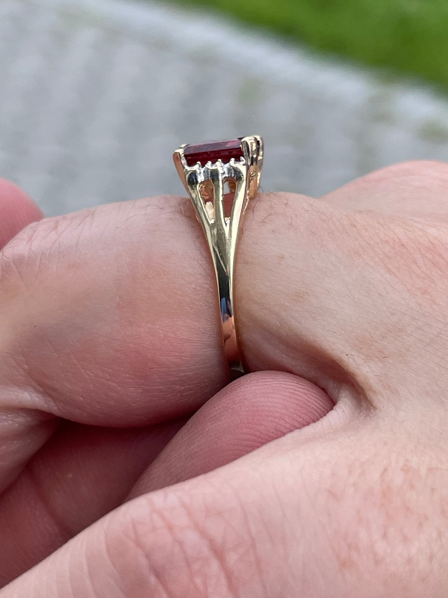 14k Gold Emerald Cut Garnet & Diamond Ring