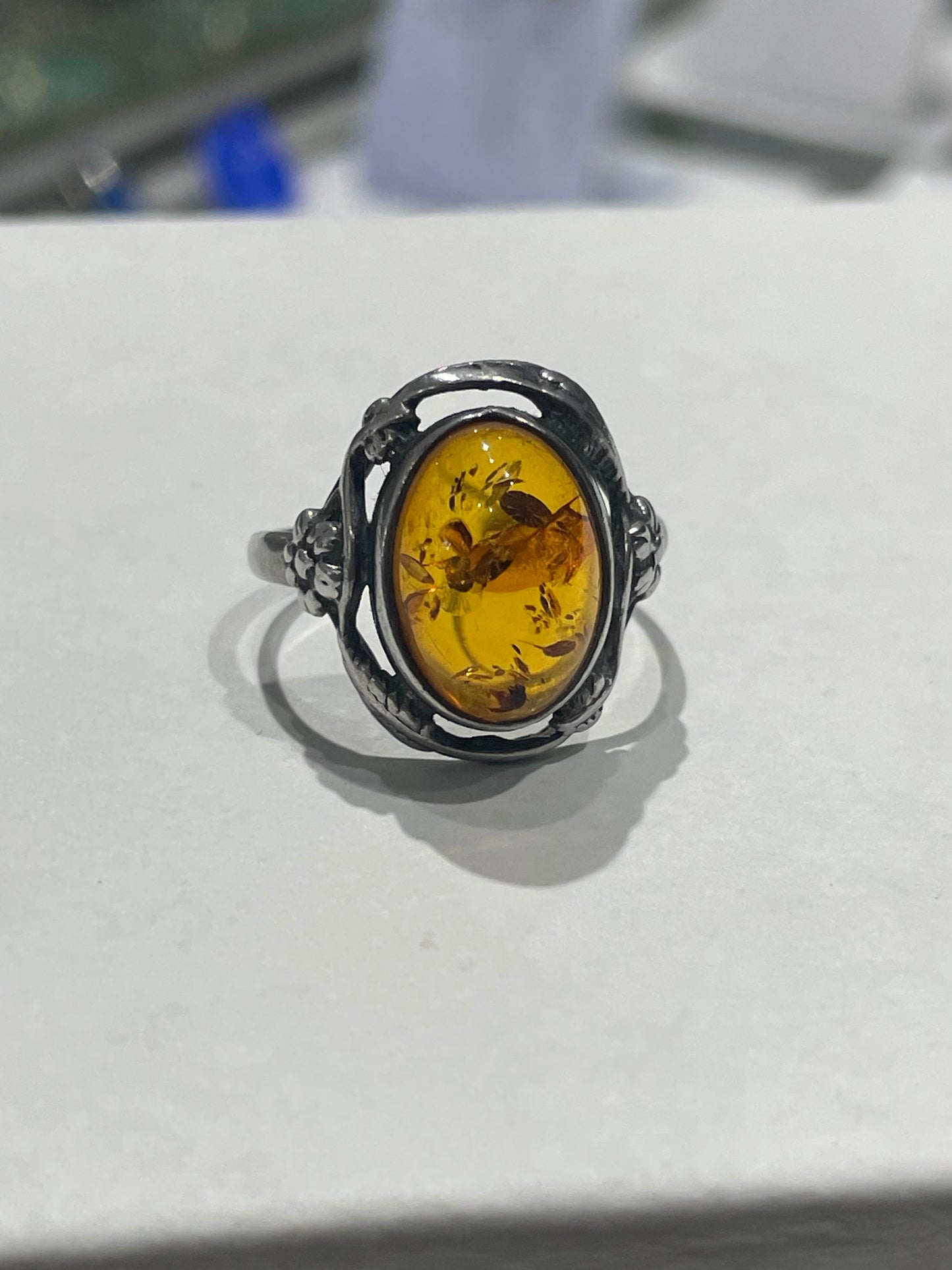 925 Sterling Silver Vintage Amber Ring Size 9