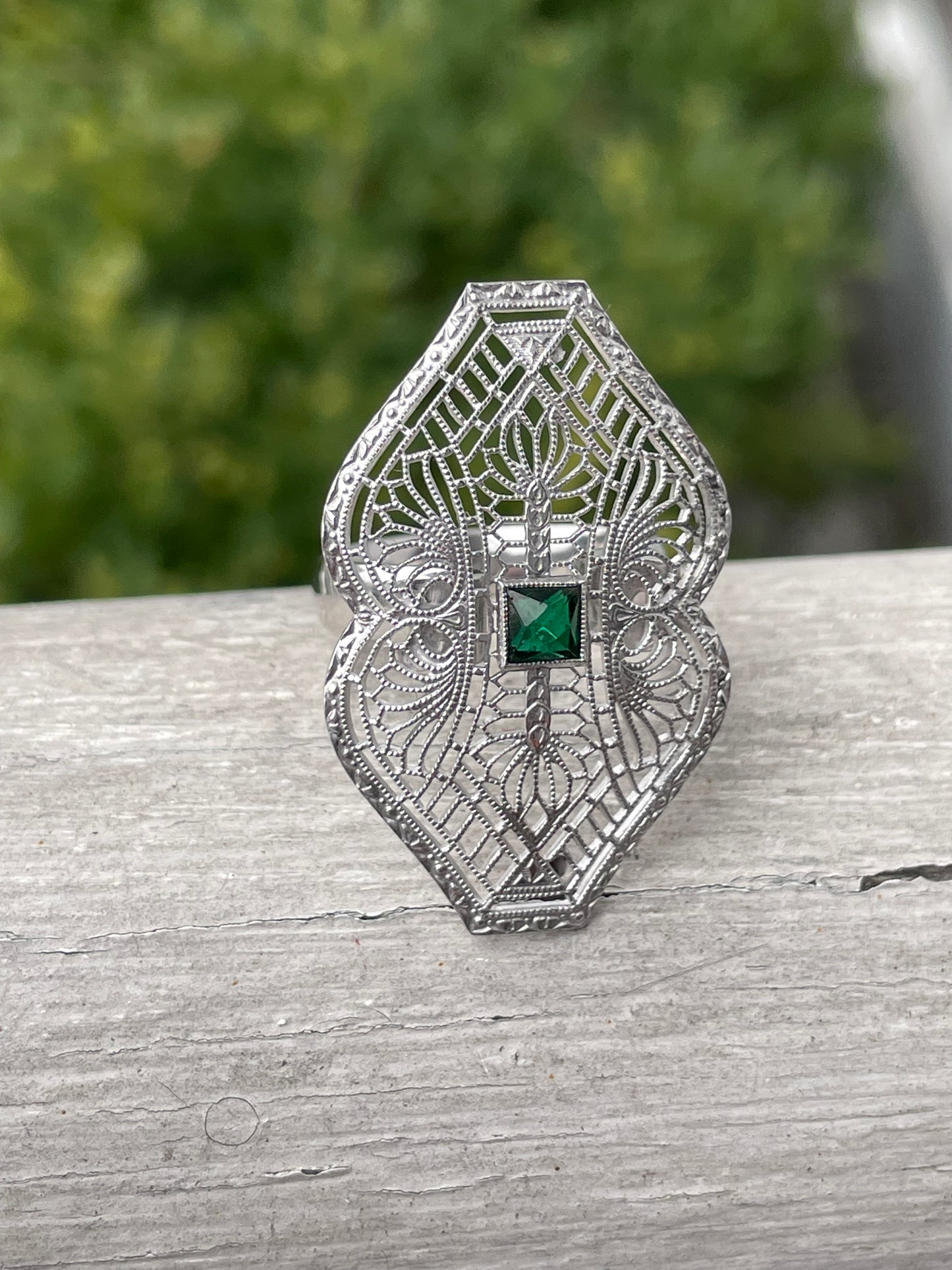 14k White Gold Antique Emerald Art Deco Ring