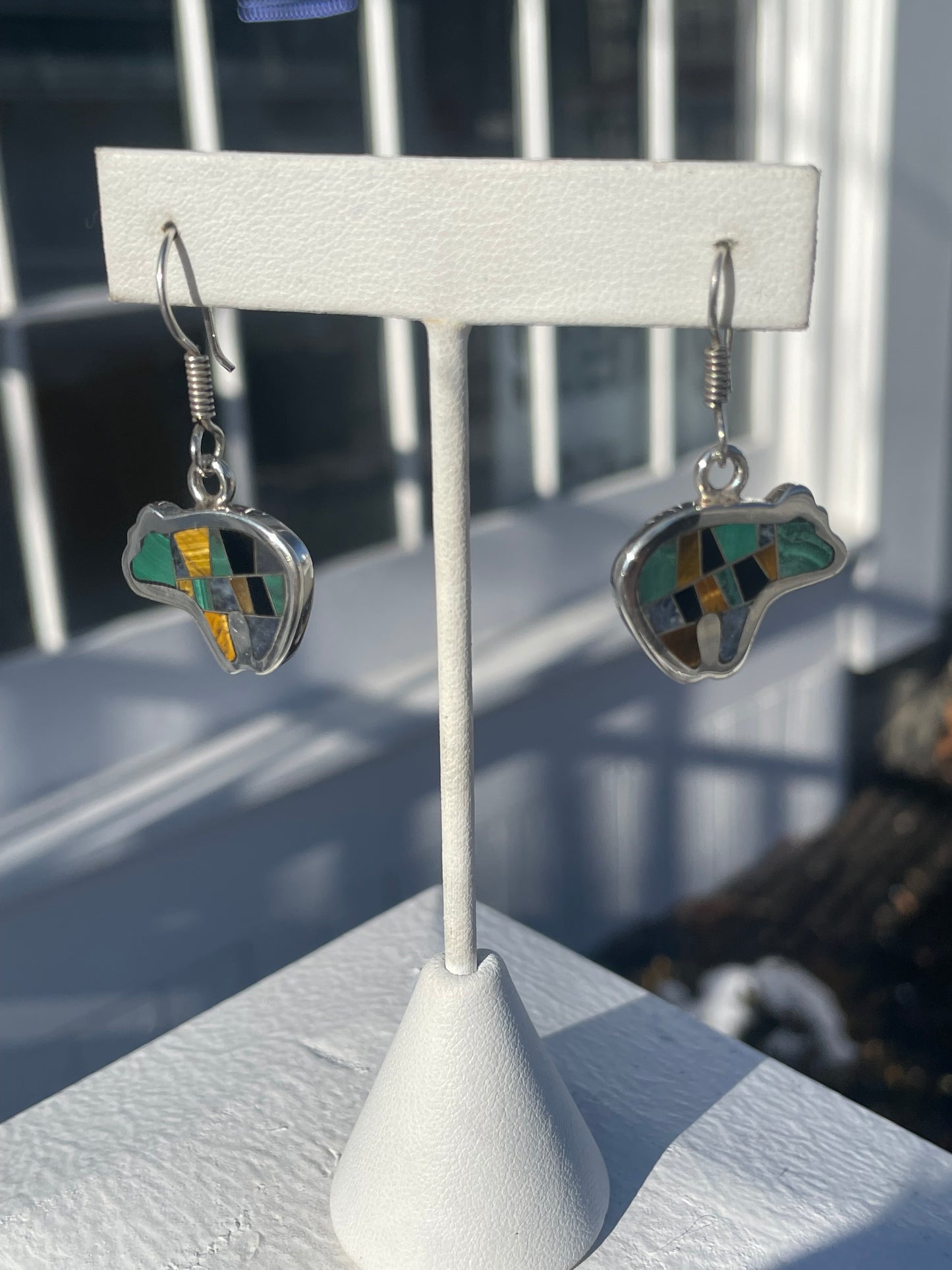 950 Silver Mosaic Natural Stone Native Bear Drop Earrings