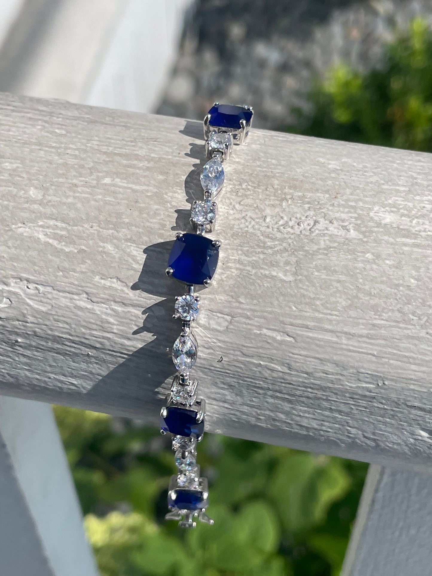 925 Sterling Silver Simulated Cushion Cut Sapphire and Clear Zirconia Tennis Bracelet 7”