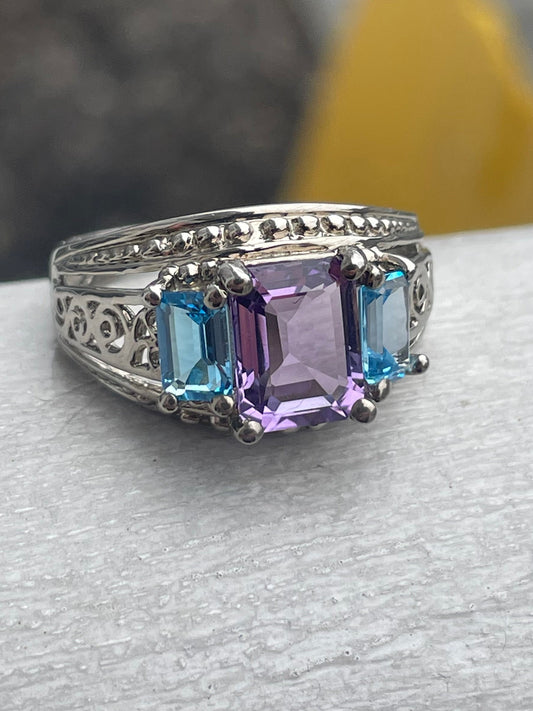 925 Sterling Silver Designer CJC past present future Blue topaz and amethyst ring size 10