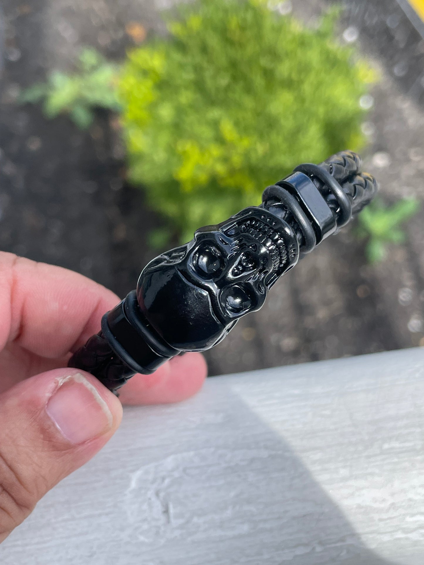 Black Leather Stainless Steel Skull 8” Bracelet