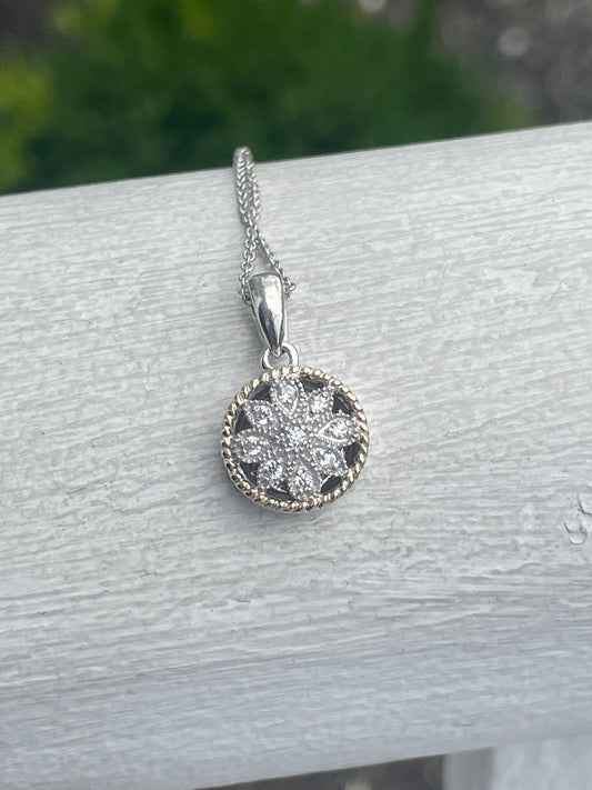 Designer ATR 925 & 14k Gold Natural Diamond Petite Round Floral Necklace