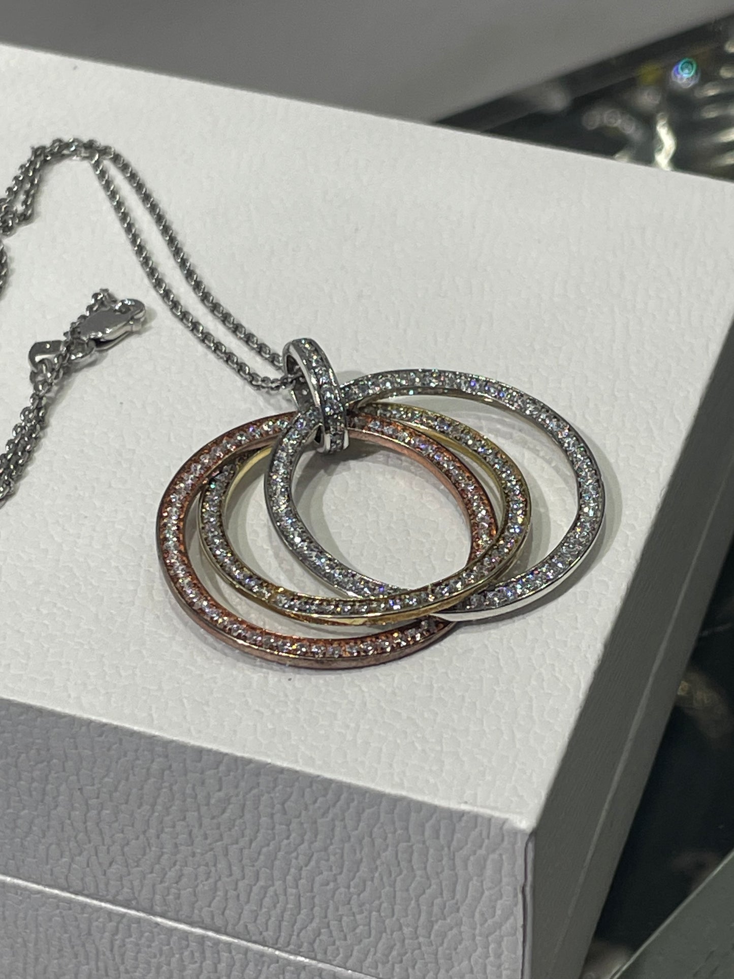 925 Sterling Silver Tri Color Triple Circle of Life Cz Necklace