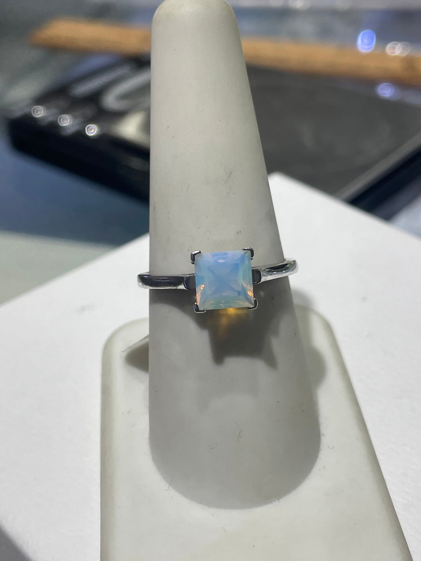 925 Sterling Silver Milky White Princess Cut AB Crystal Solitaire Ring Size 8