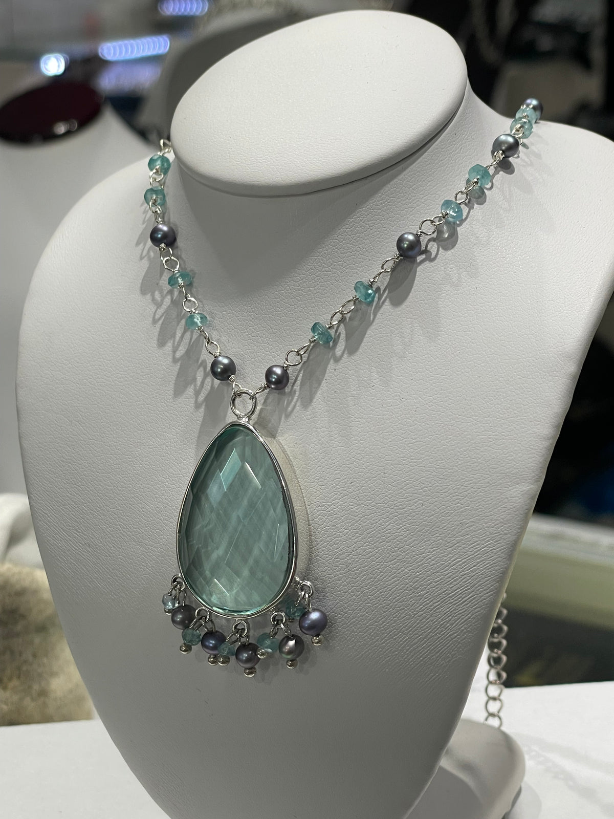 Designer Lucas Lameth Green Praisolite & Peacock Pearl 925 Sterling Silver Statement Necklace