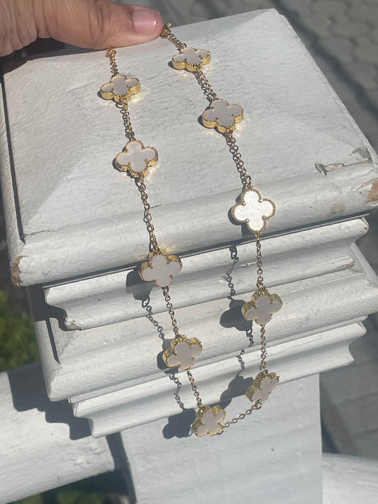 Stainless Steel Gold Color White Clover Station Van Cleef Style Necklace 18”-20”