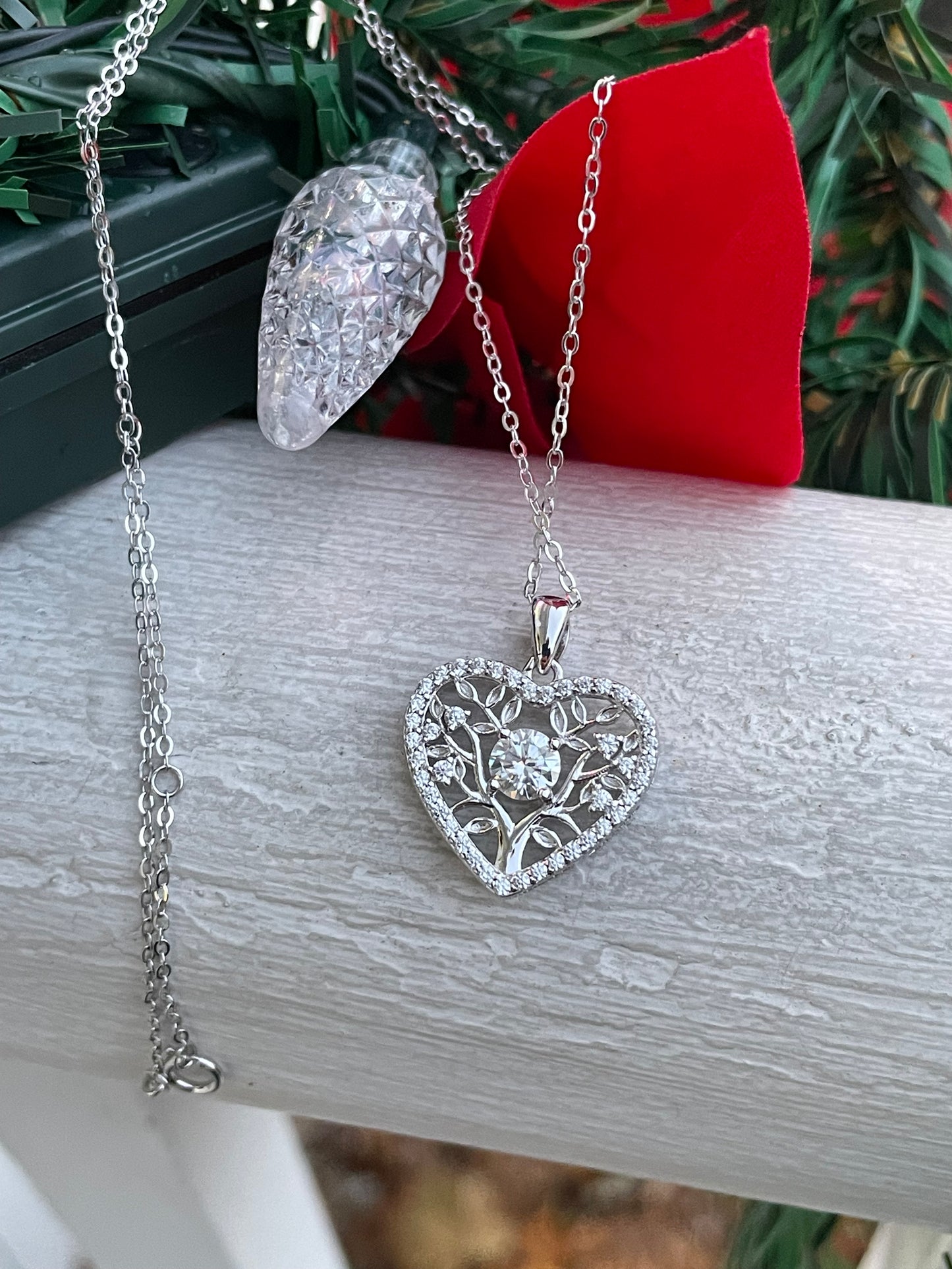 925 Sterling Silver Moisonite Family Tree Heart Necklace