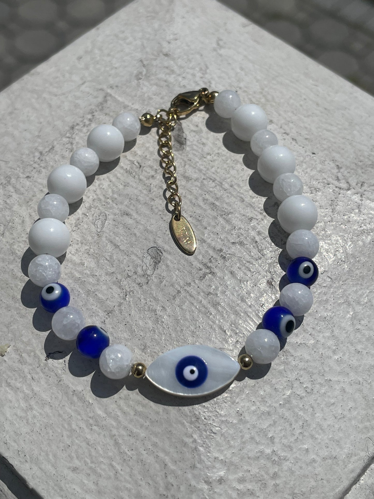 Stainless Steel Vermeil White & Blue Beaded Evil Eye Bracelet 7”-8.5”