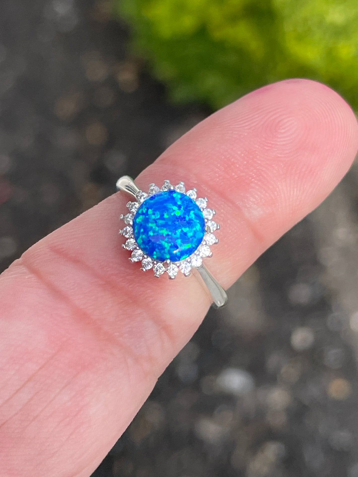 925 Sterling Silver Blue Opal & Cz Solitaire Ring Size 7