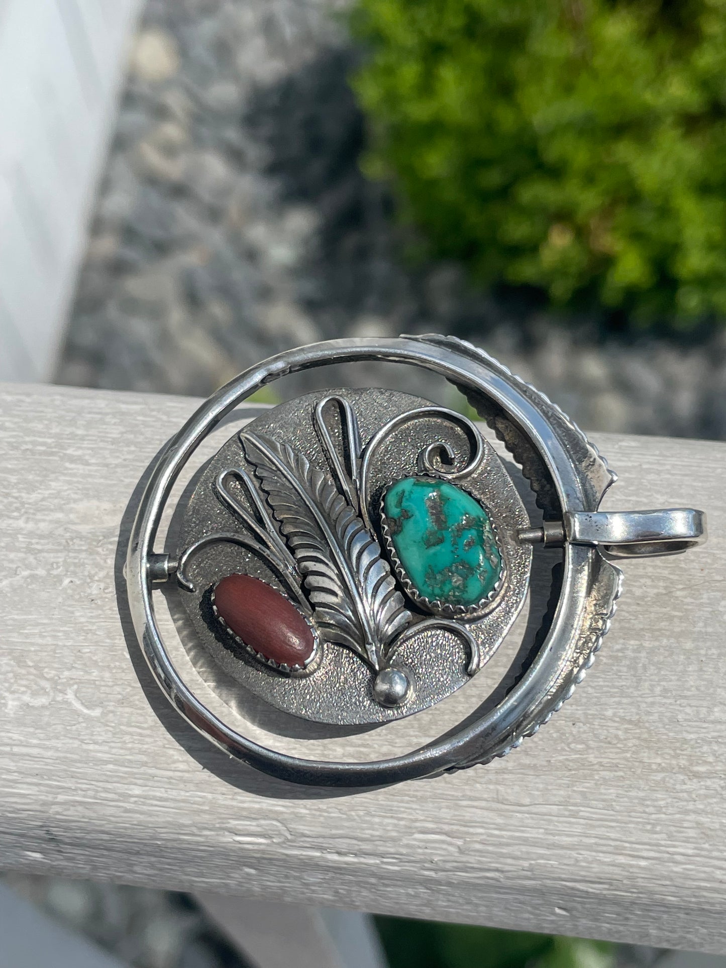 Navajo Designer Alfred Joe Native American Large Reversible Turquoise & Carnelian 925 Sterling Silver Pendant