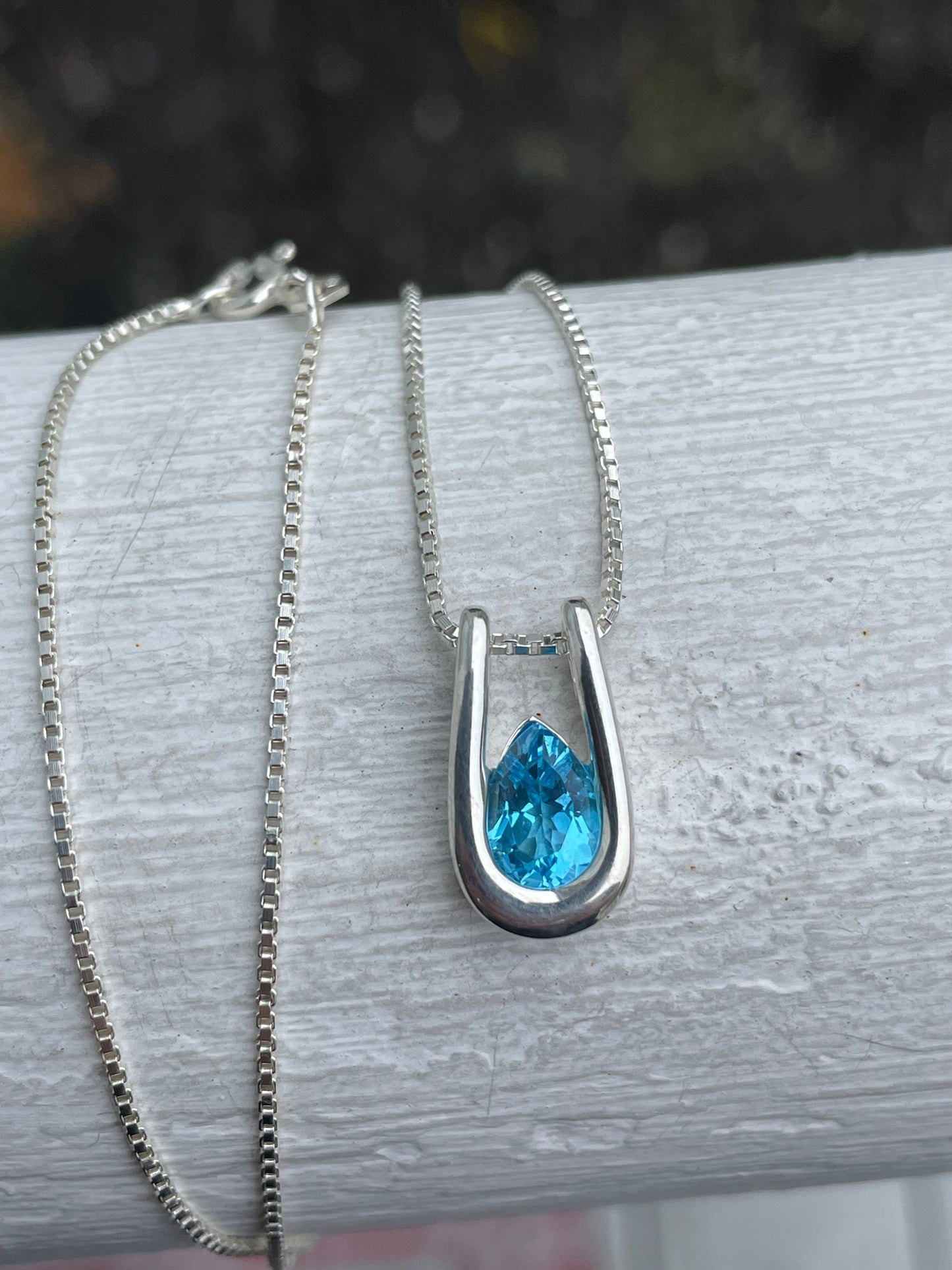 925 Sterling Silver Pear Shape Swiss Blue Topaz Necklace 18”