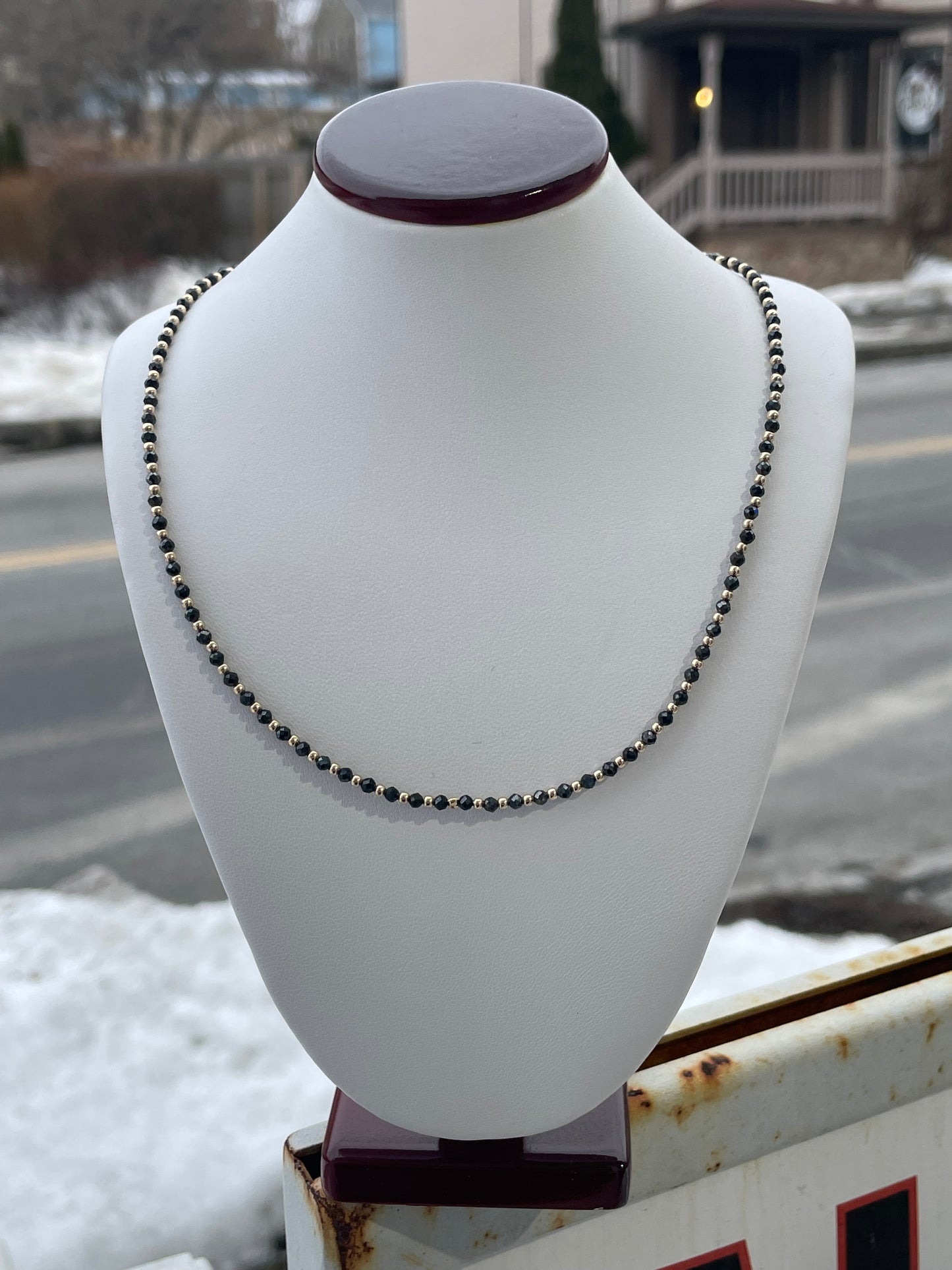 14k Gold Ball & Black Obsidian Beaded Necklace 16”