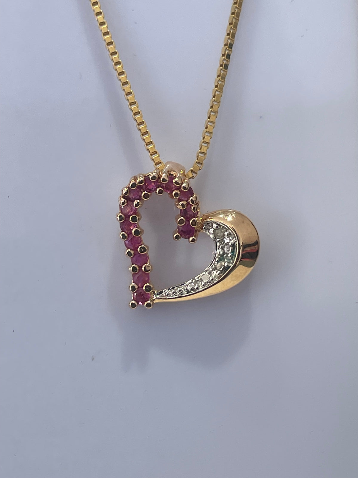 925 Sterling Silver Vermeil Natural Ruby & Diamond Heart Necklace