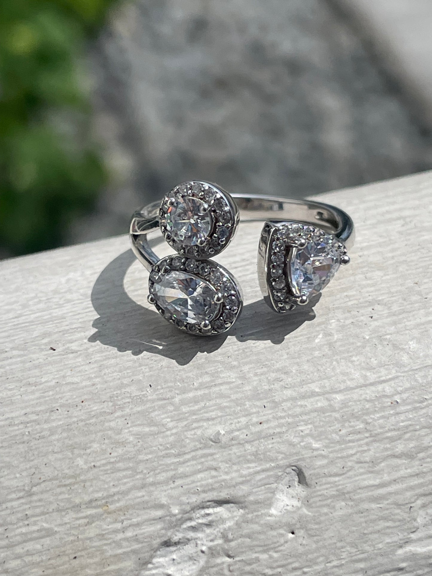 925 Sterling Silver Elevated Elegance Open Size Triple Stone Ring Size 7