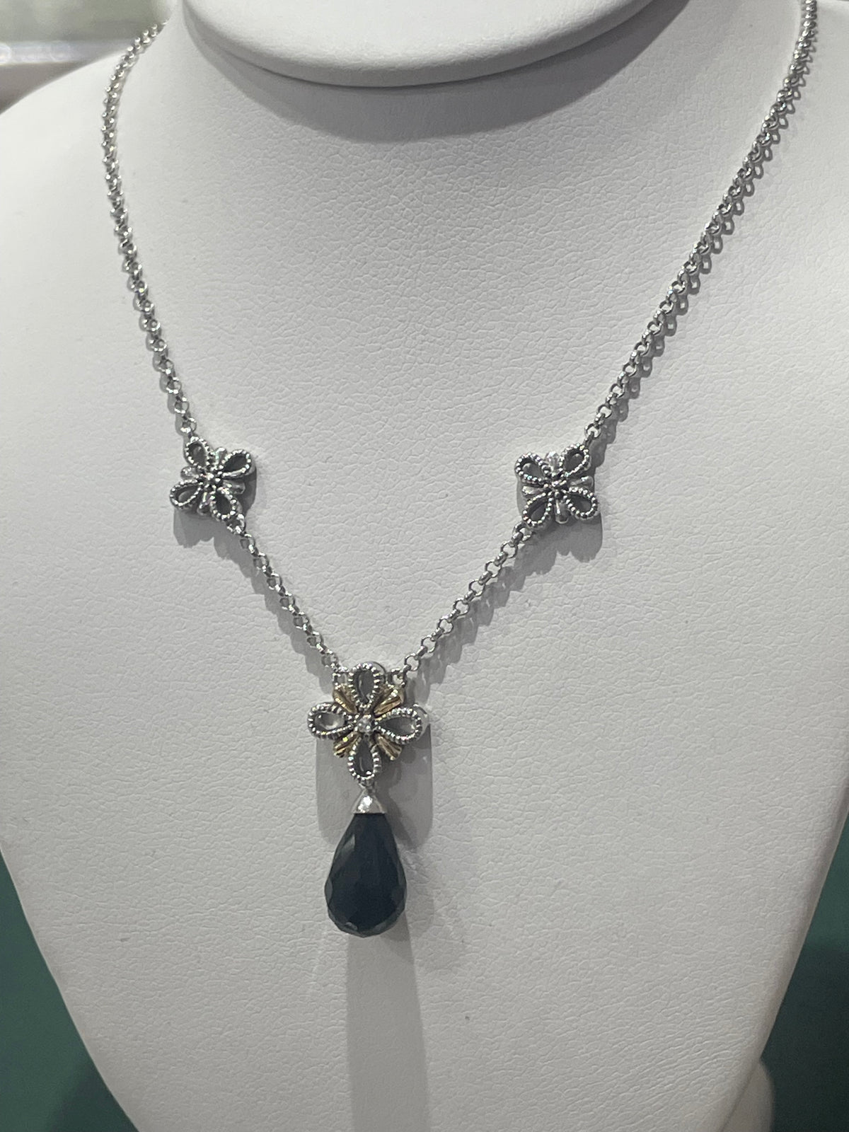 925 & 14k Onyx Drop Two Tone Flower Station Necklace 16”