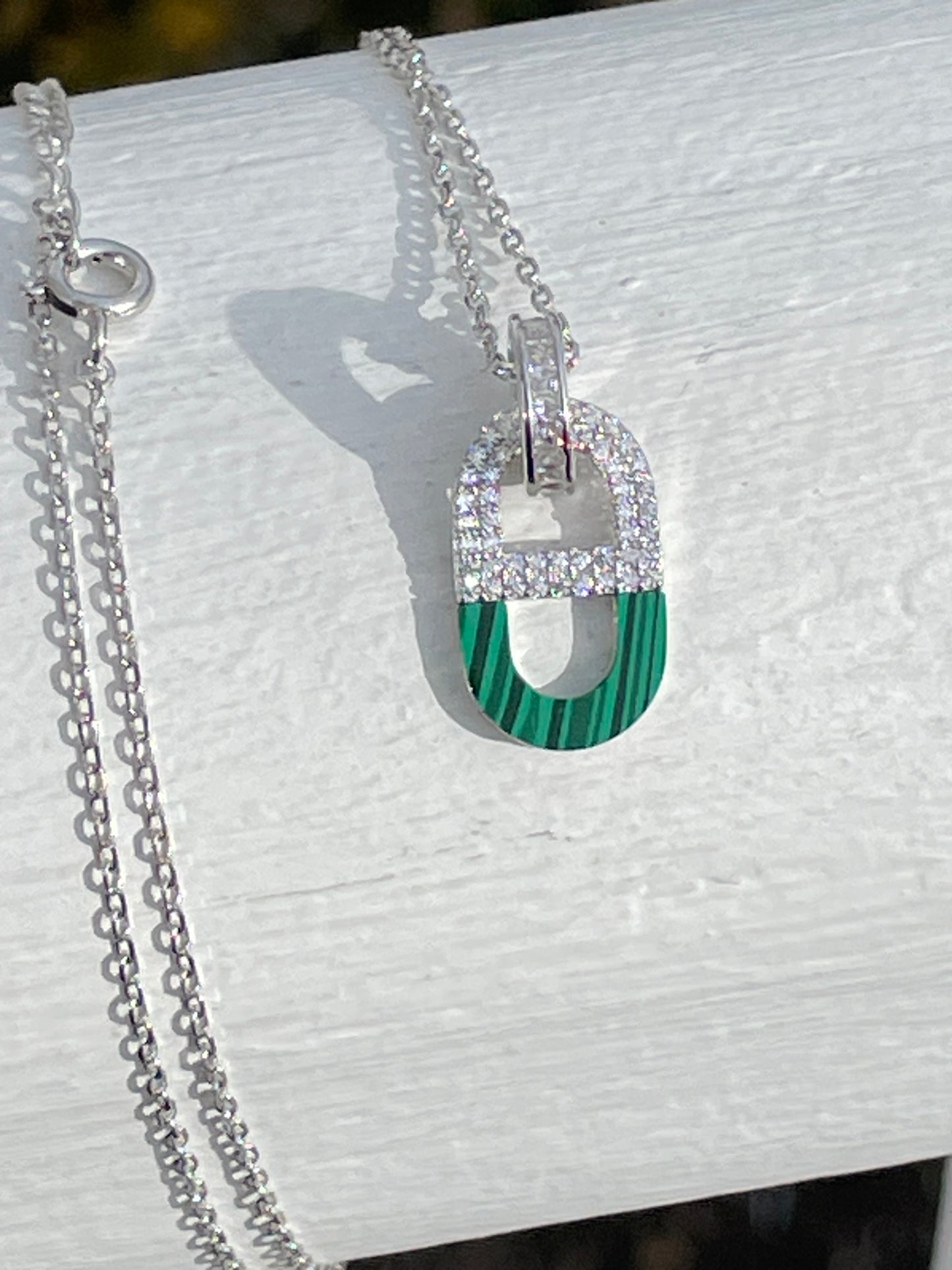 925 Sterling Silver Malachite & Cz Gucci Link Drop Pendant Necklace