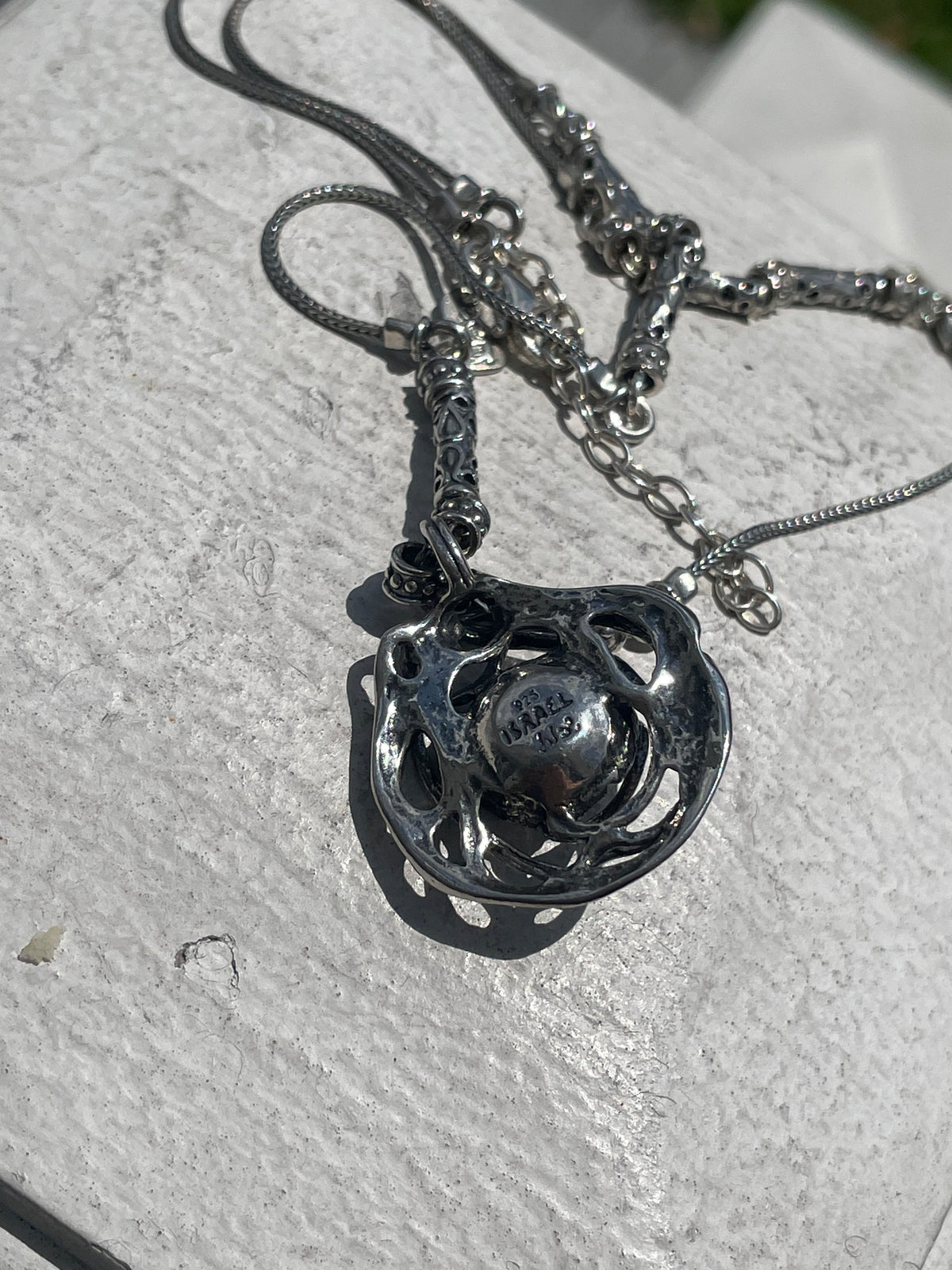 925 Sterling Silver Designer PAZ Made in Israel Black Pearl Amulet Necklace