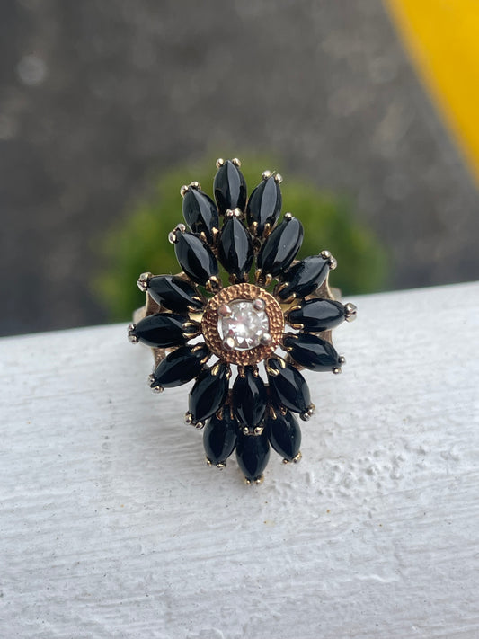 925 Sterling Silver Vermeil Black Onyx & Cz Cluster Ring Size 8
