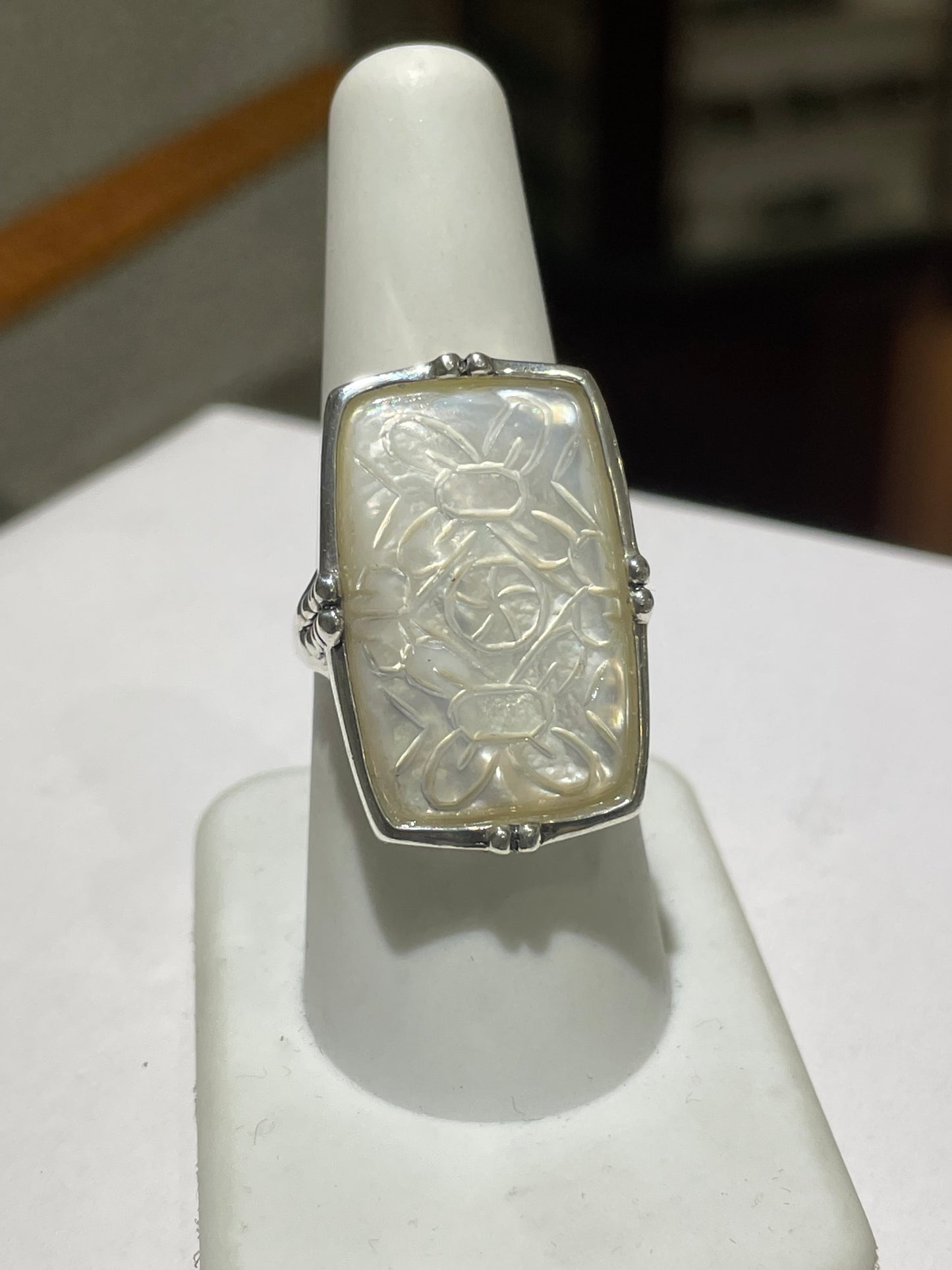 Large Hand Etched Mother of Pearl Signet 925 Sterling Silver Ring Size 8