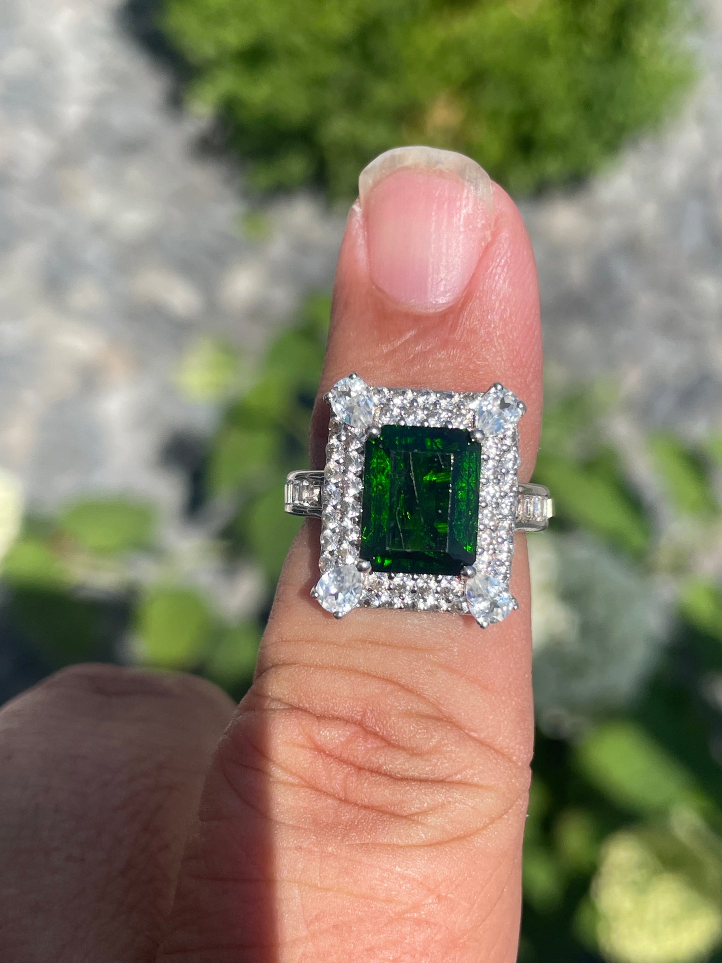 925 Sterling Silver Chrome Diopside & Cz Cluster Ring Size 6