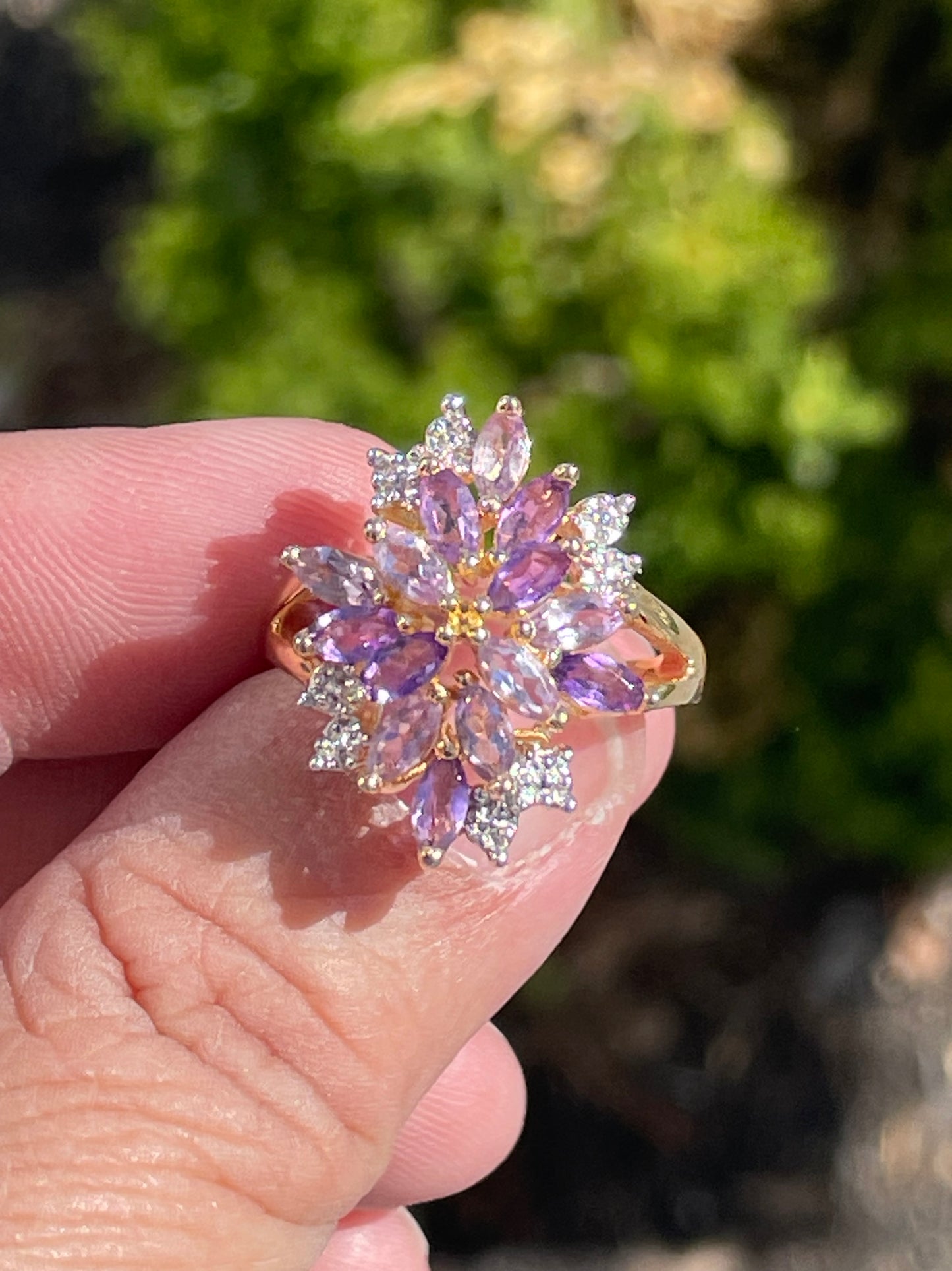 925 Sterling Silver Natural Amethyst & Diamond Cluster Ring Size 7