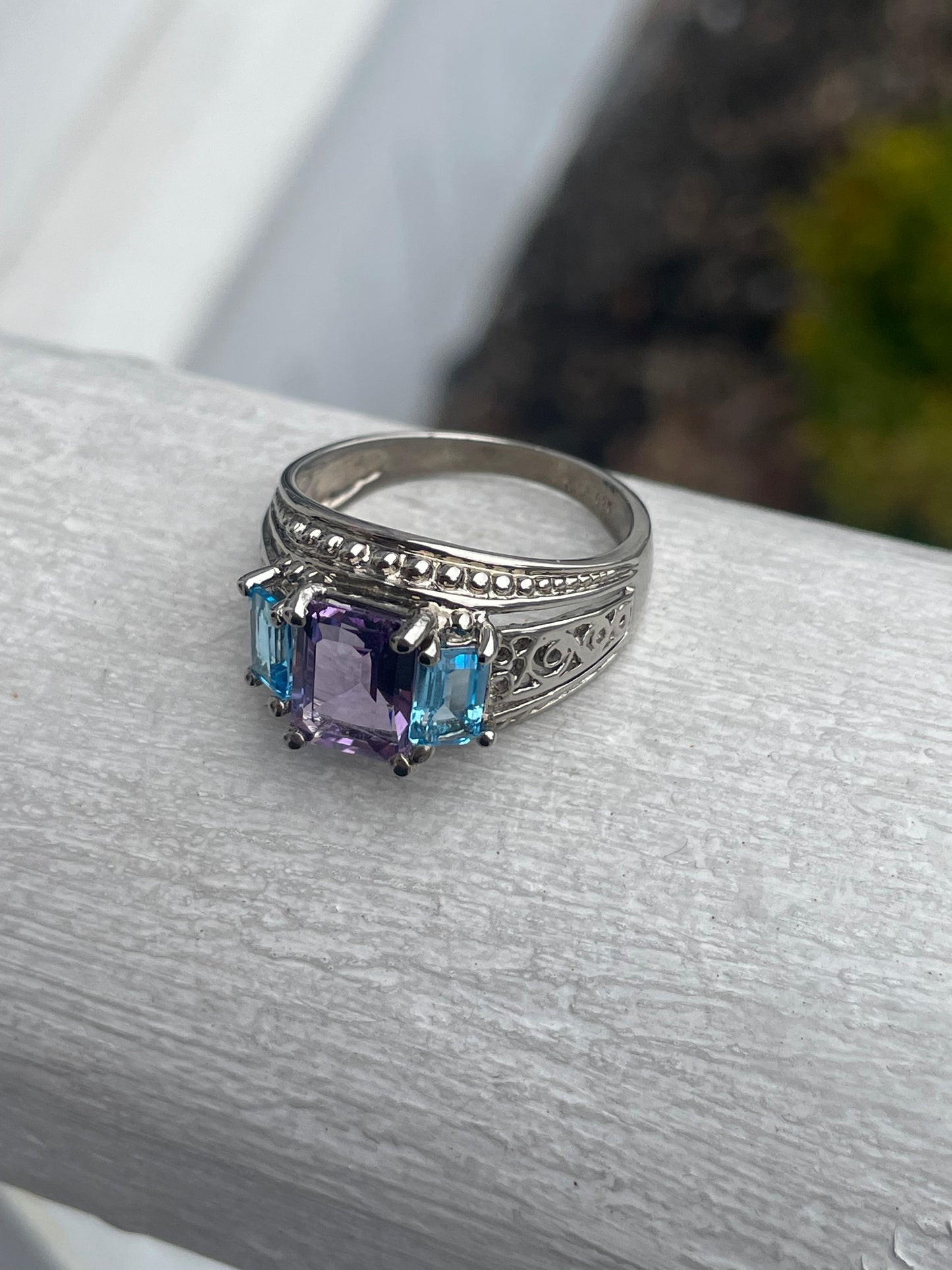 925 Sterling Silver Designer CJC past present future Blue topaz and amethyst ring size 10