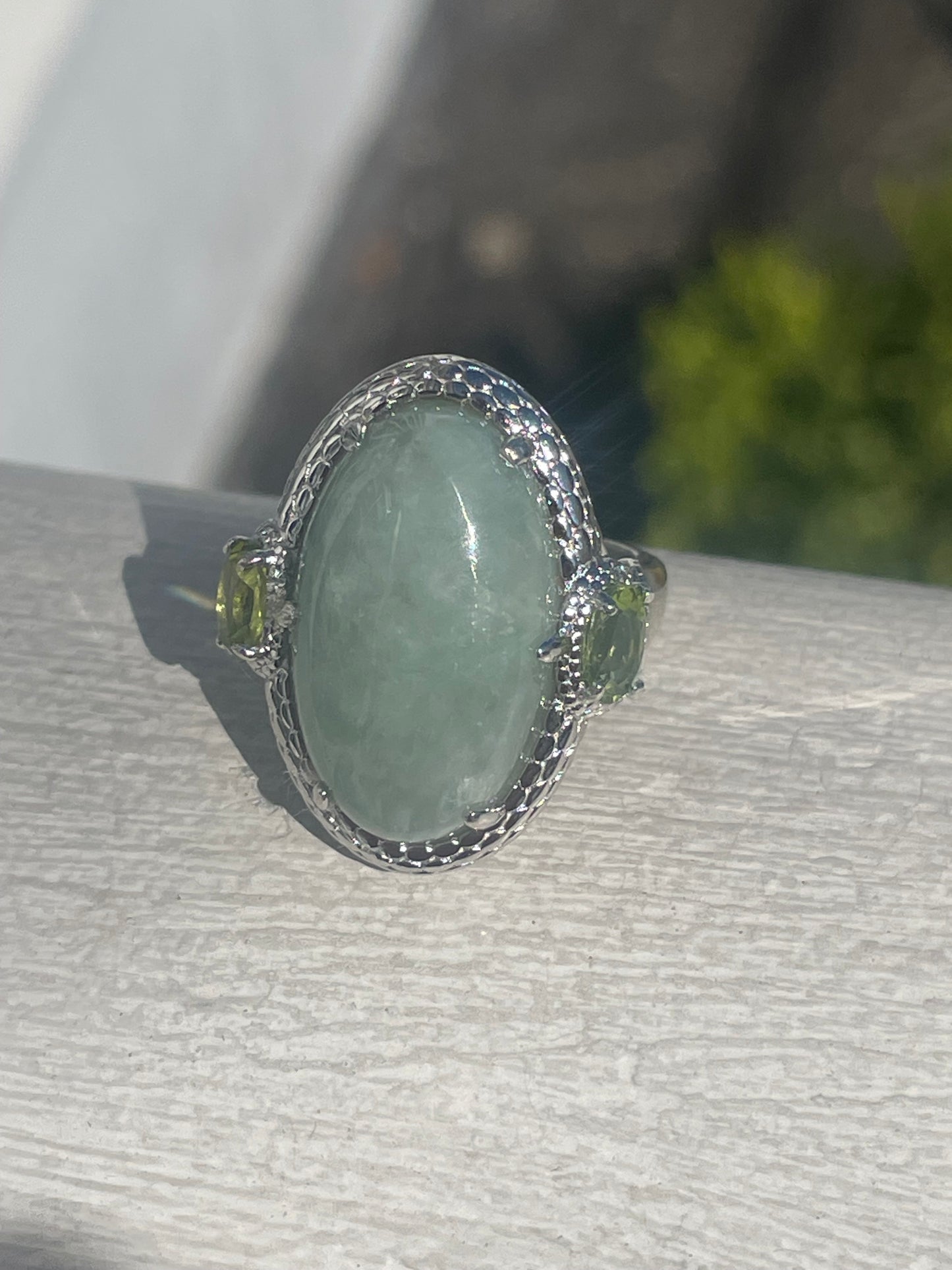 925 Sterling Silver Natural Jade & Peridot Statement Ring Size 6