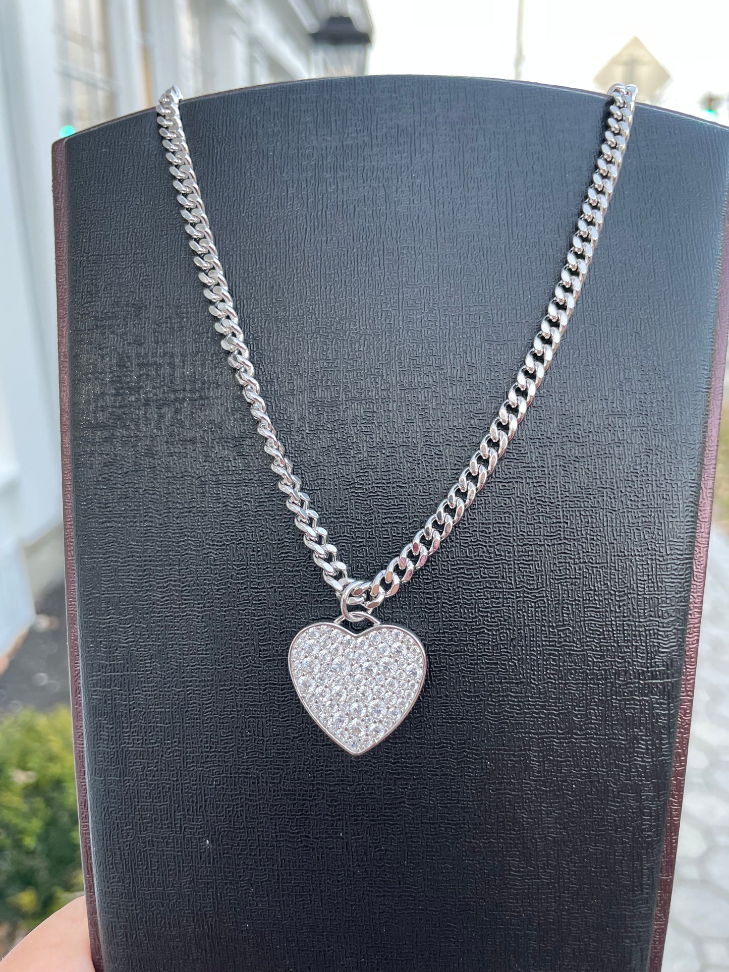 925 Sterling Silver Solid Miami Cuban Link Necklace with Pave Cz Signet Heart Pendant