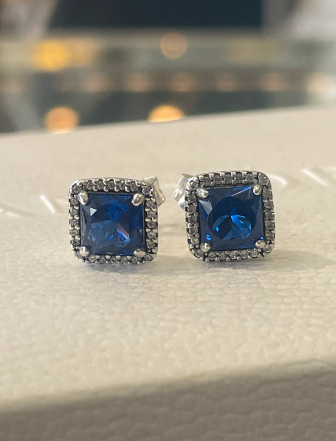 Pandora Sparkling Square Blue Halo Stud Earrings