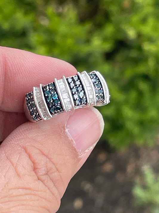 925 Sterling Silver Natural Blue & White Diamond Band Ring Size 7
