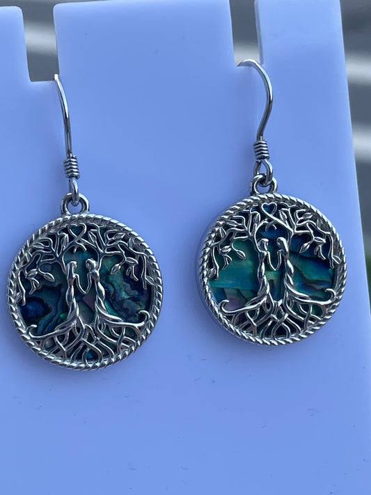 925 Sterling Silver Tree of Life Abalone Earrings
