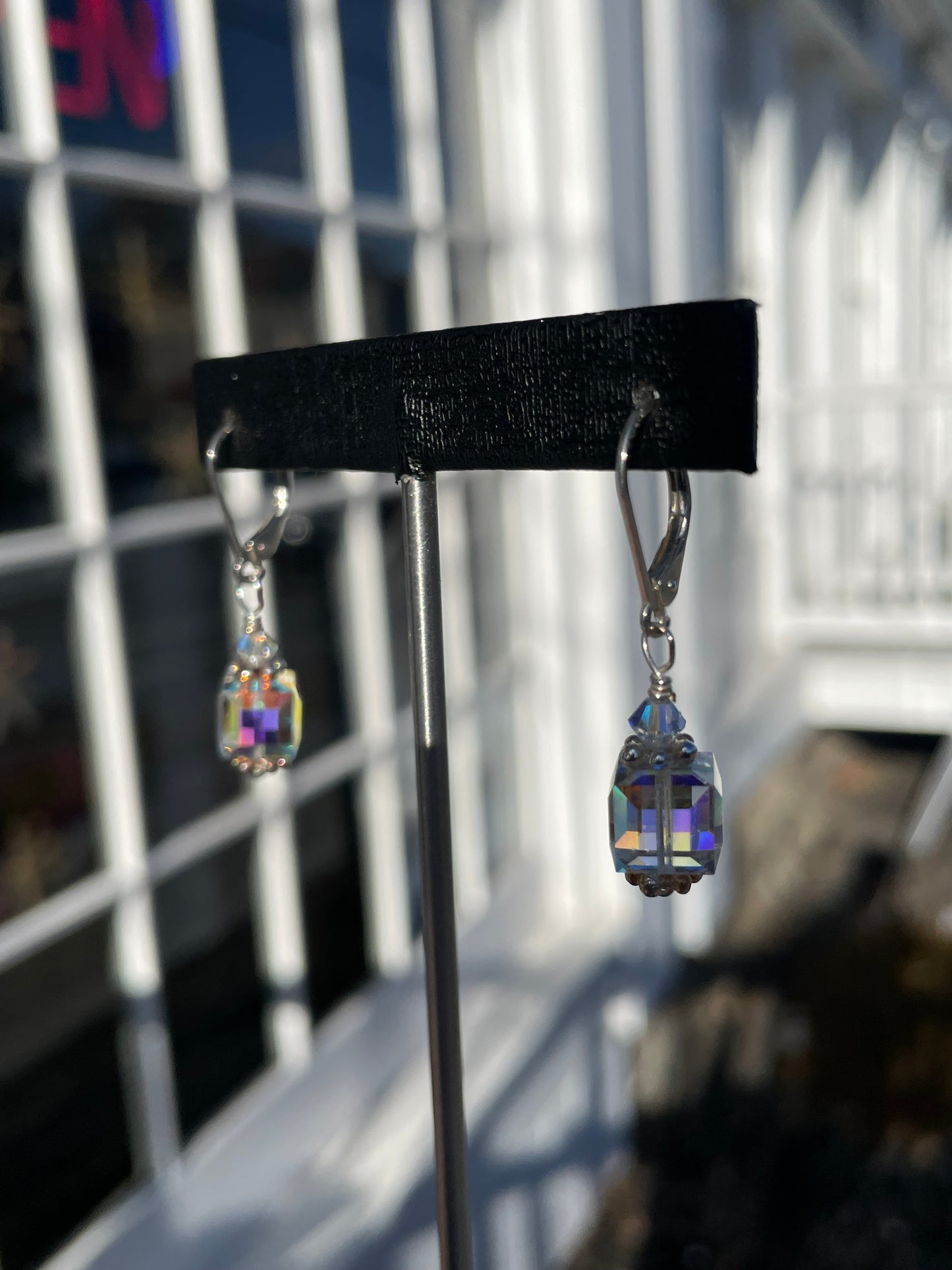 925 Sterling Silver AB Crystal Cube Dangle Earrings