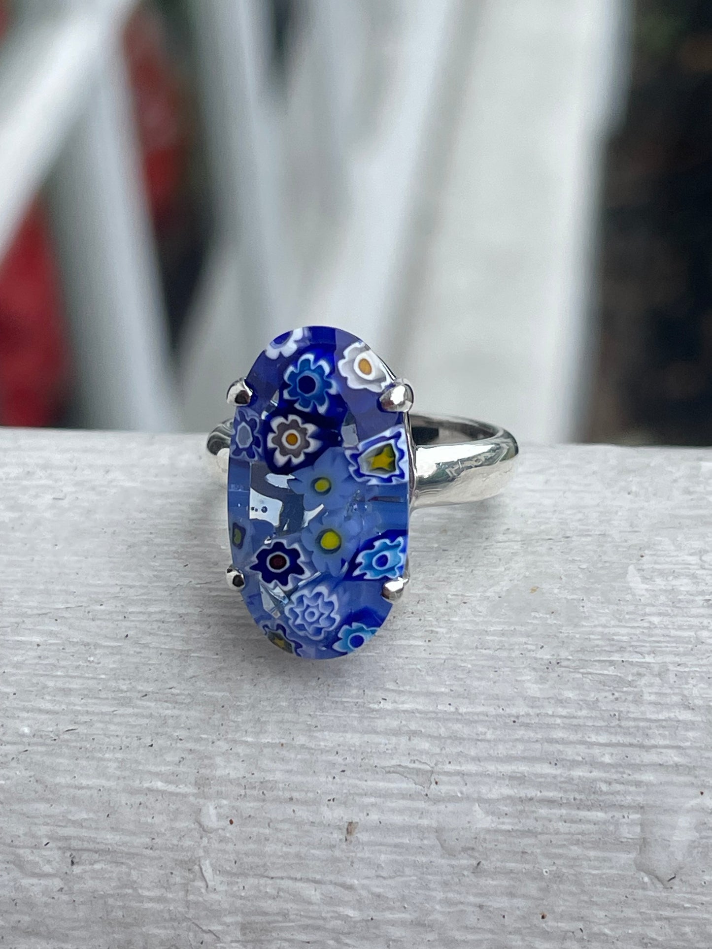 Designer Alan K 925 Sterling Silver Blue Oval Glass Millefiori Ring Size 7