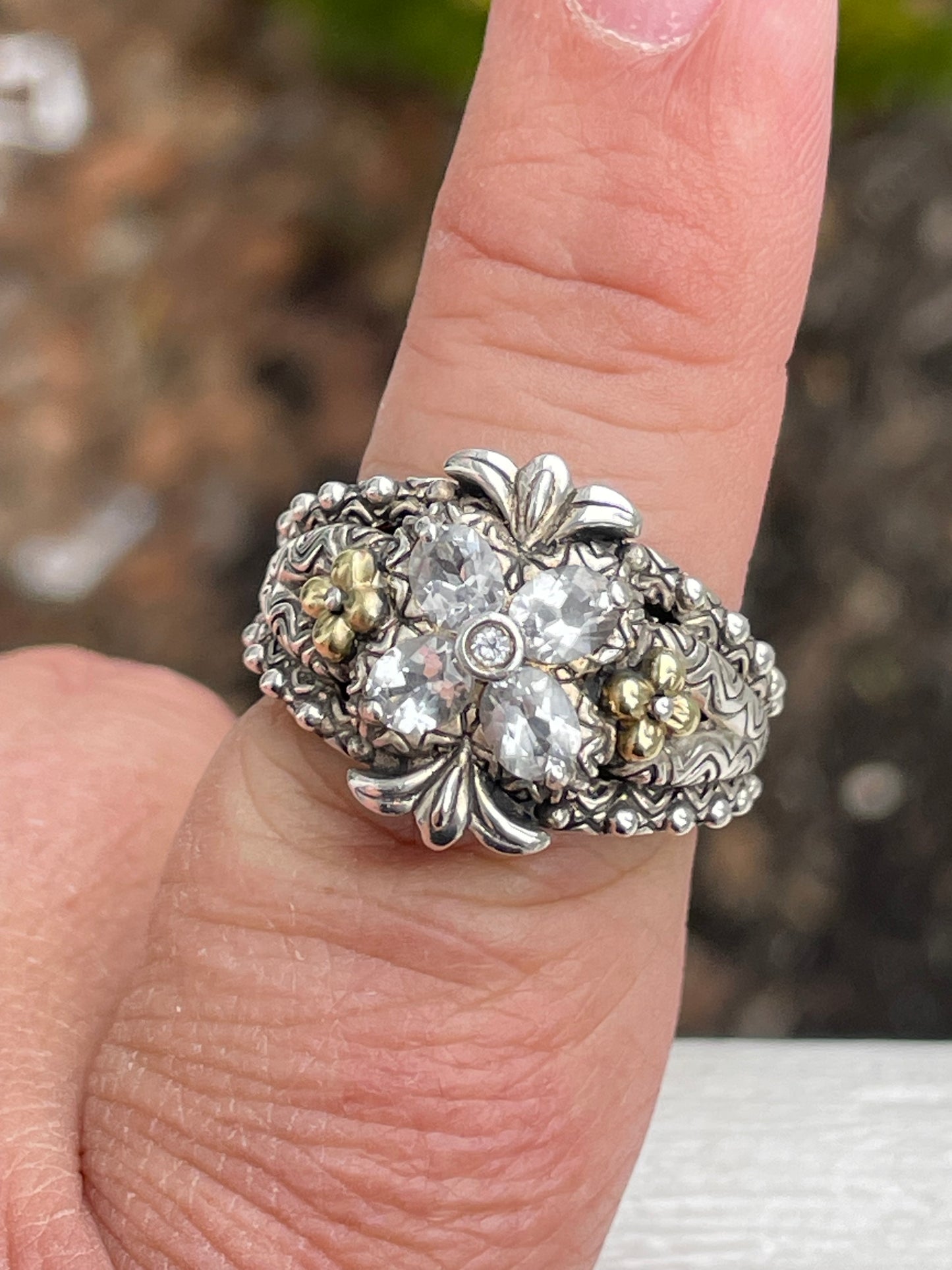 Designer Barbara Bixby Silver & 18k Gold White Topaz Clover Ring Size 9