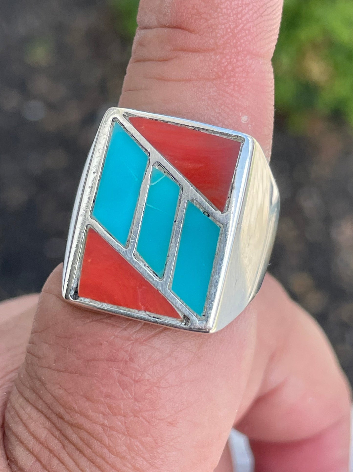925 Sterling Silver Mens Turquoise & Carnelian Inlay Signet Style Ring Size 11