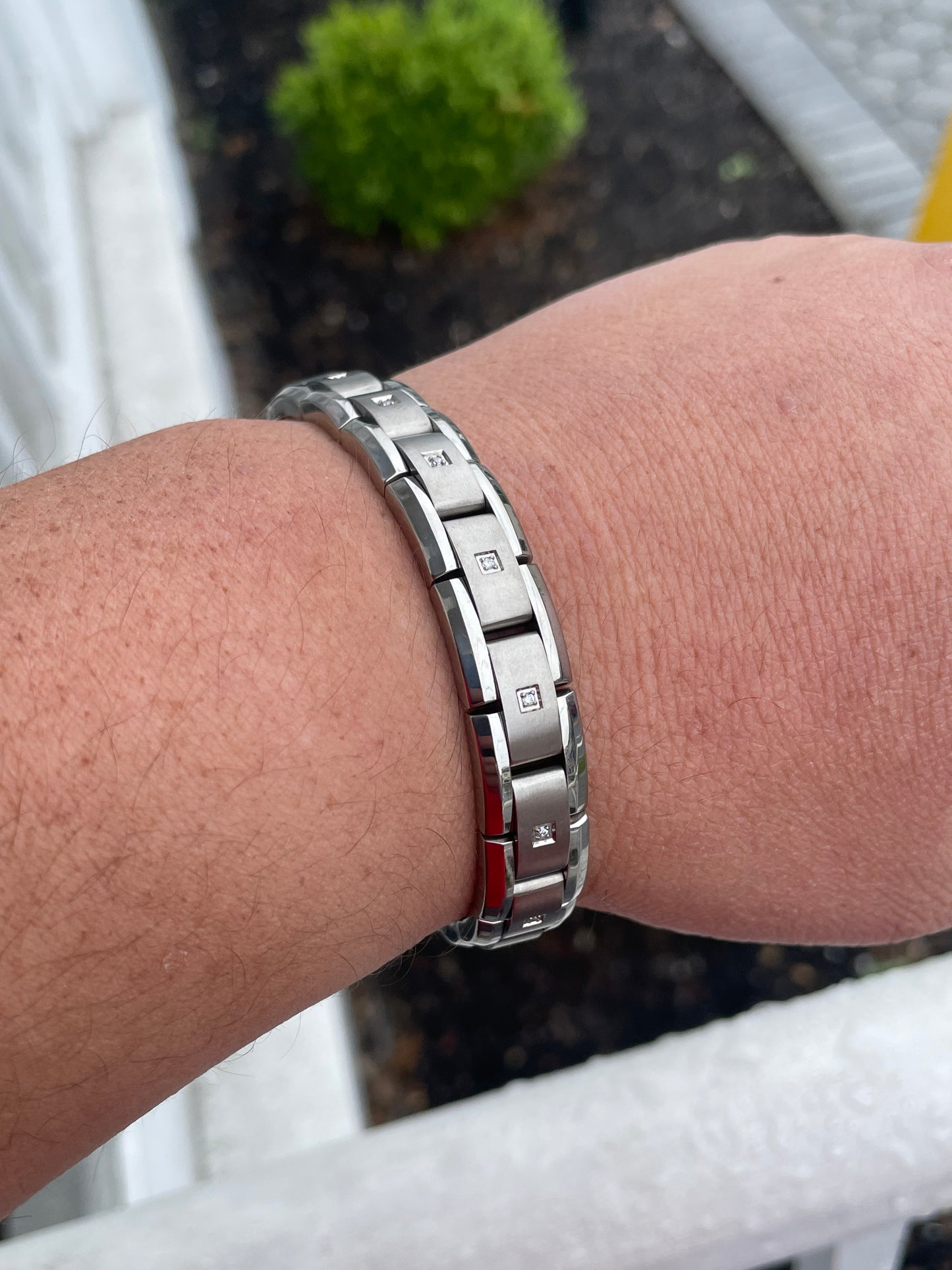 Stainless Steel & Titanium Natural Diamond Link Bracelet 8.75”