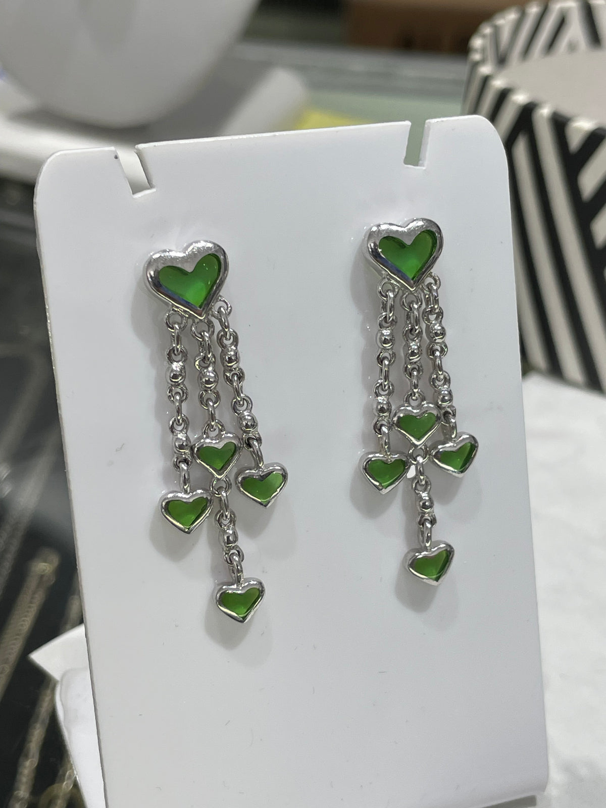 925 Sterling Silver Peridot Cascading Waterfall Hearts Dangle Earrings