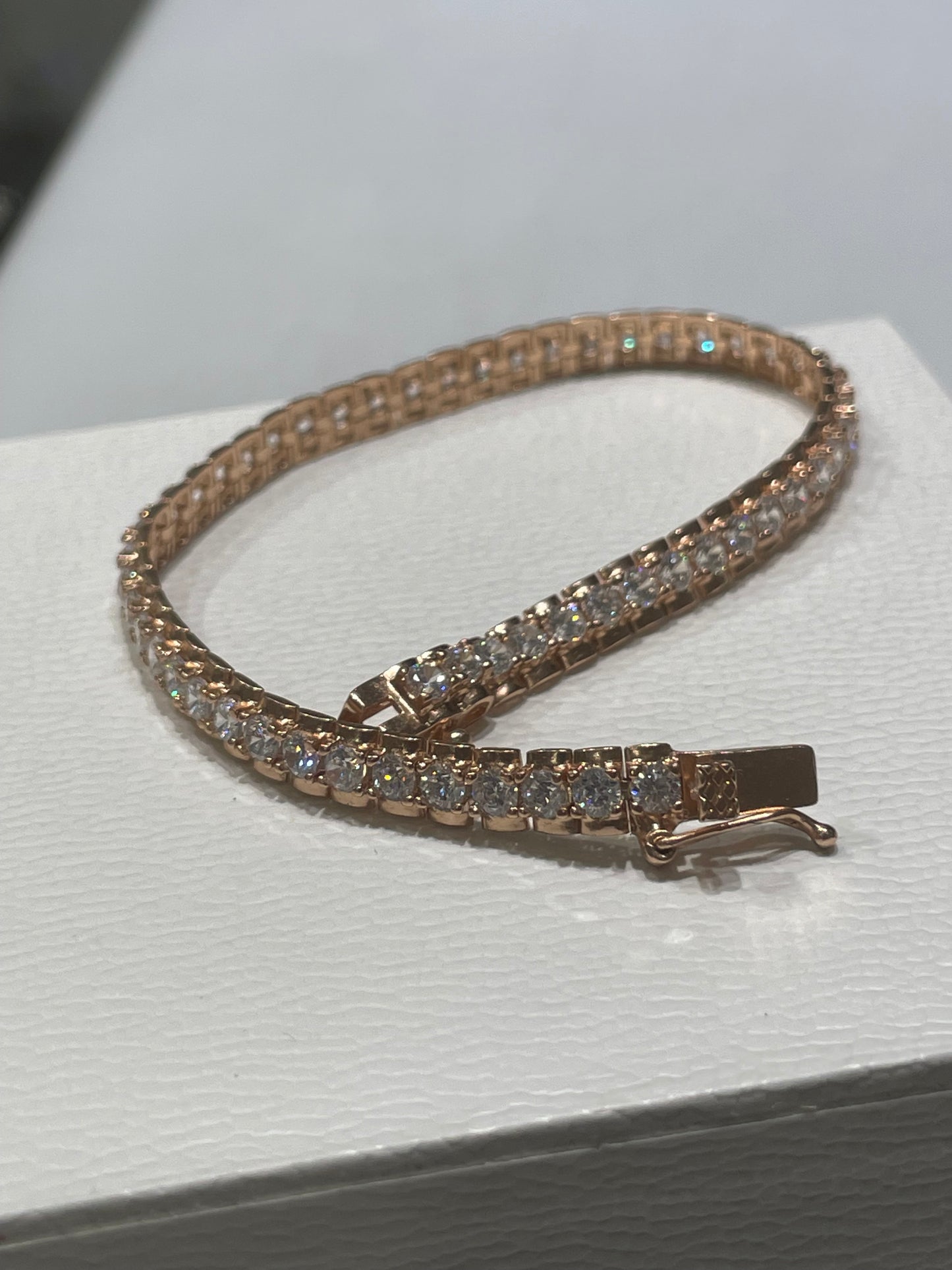 925 Sterling Silver Rose Vermeil Cz Flexible Tennis Bracelet 7.5”