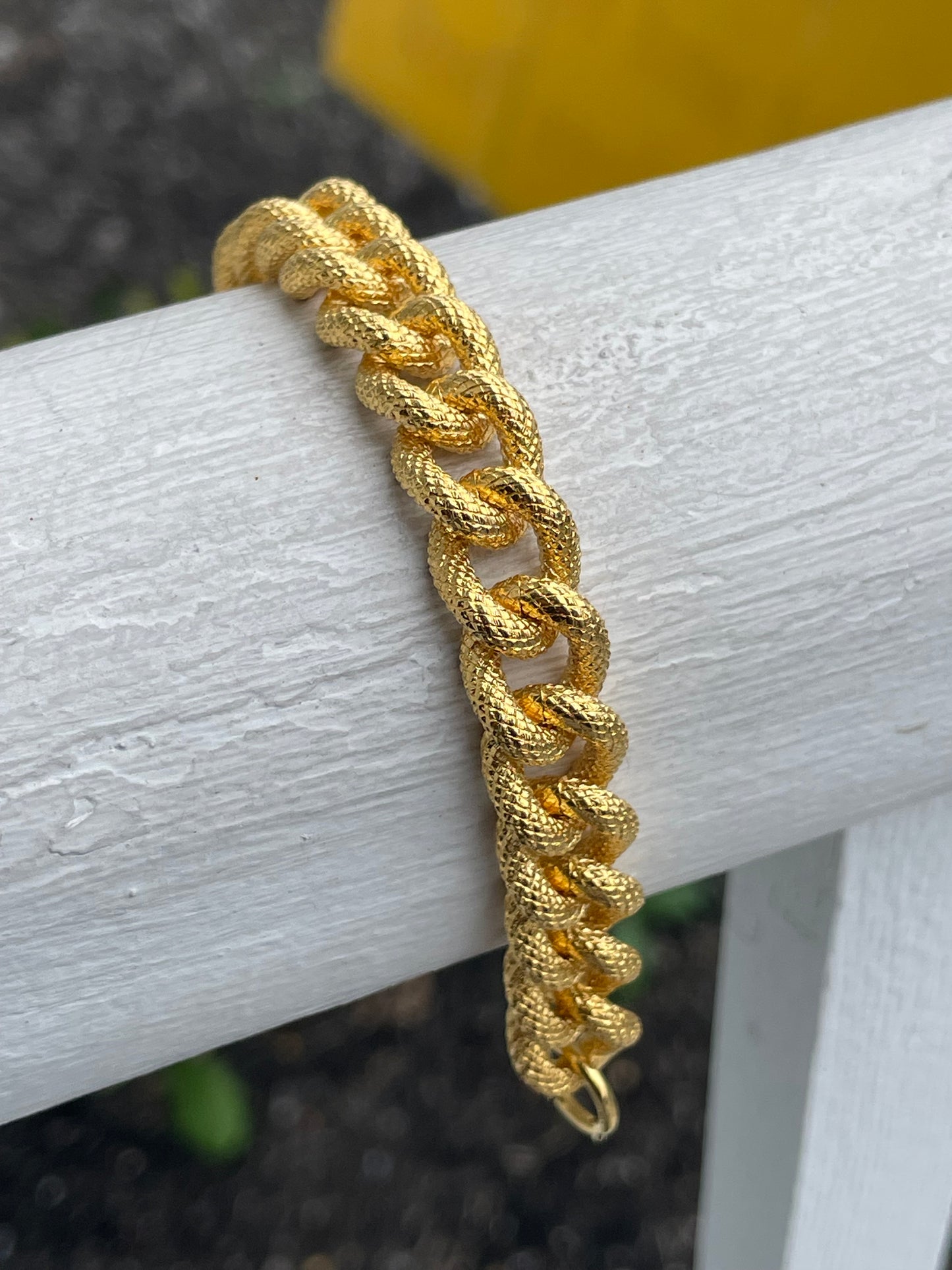 Stainless Steel Vermeil Ladies Textured Cuban Link Bracelet 7”