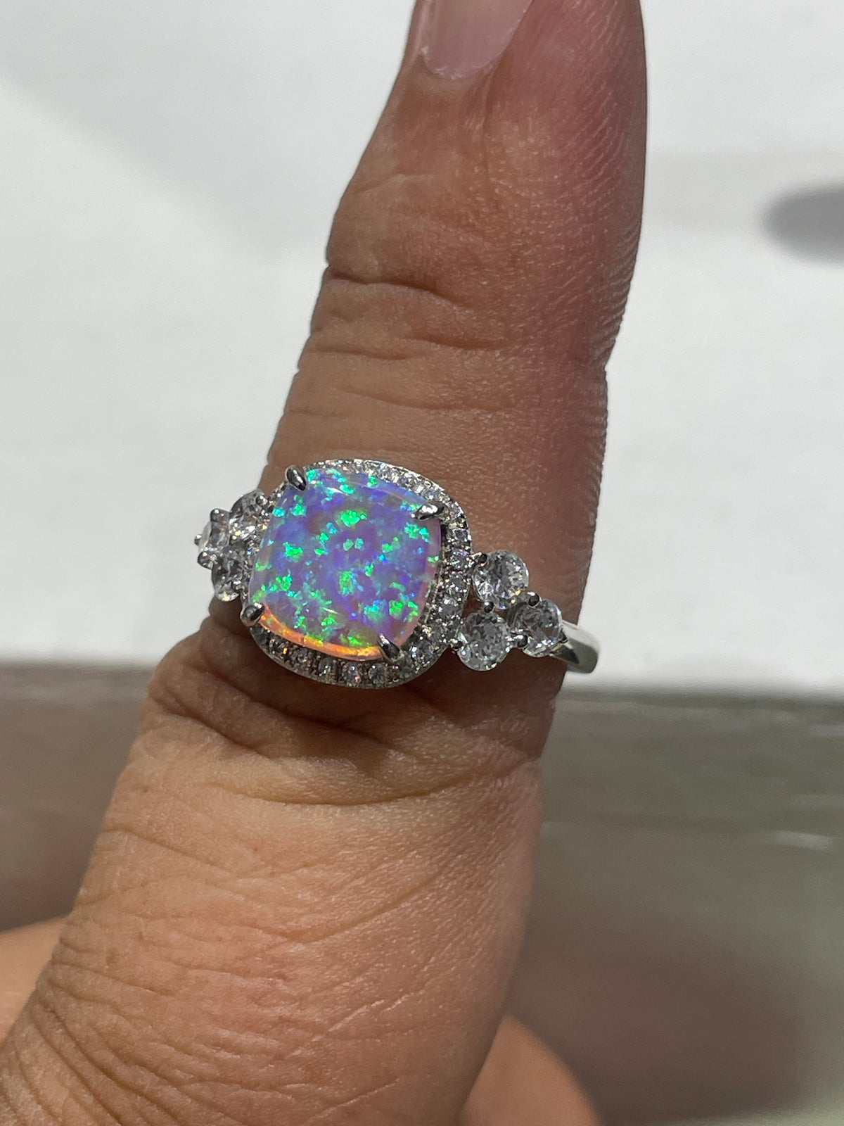 925 Sterling Silver Opal & Cz Cluster Ring Size 9