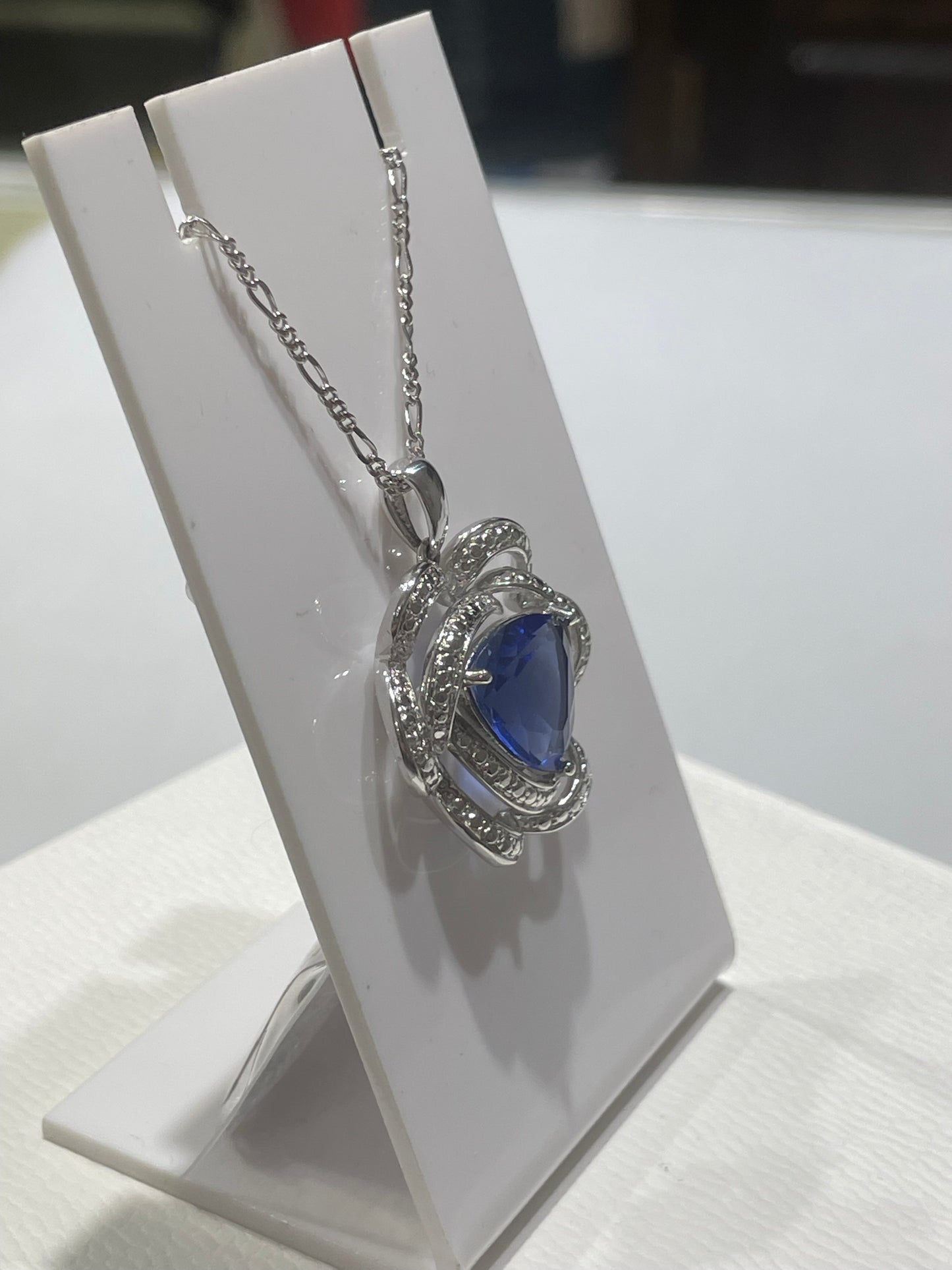 925 Sterling Silver Cushion Cut Simulated Sapphire & Zirconia Blooming Rose Necklace